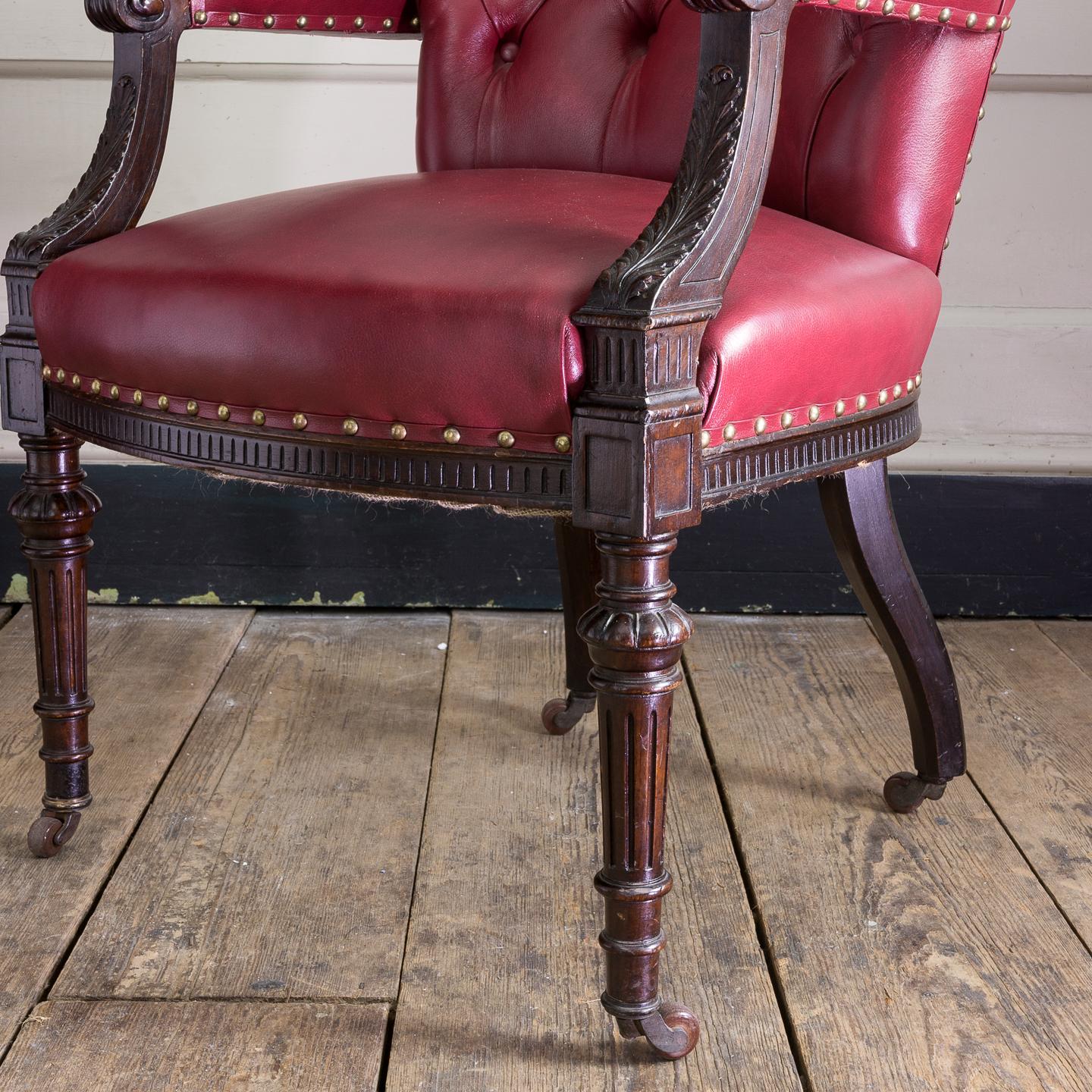 Goatskin Set of Six Mid-Victorian Carved Oak and Leather Upholstered Club Armchairs For Sale