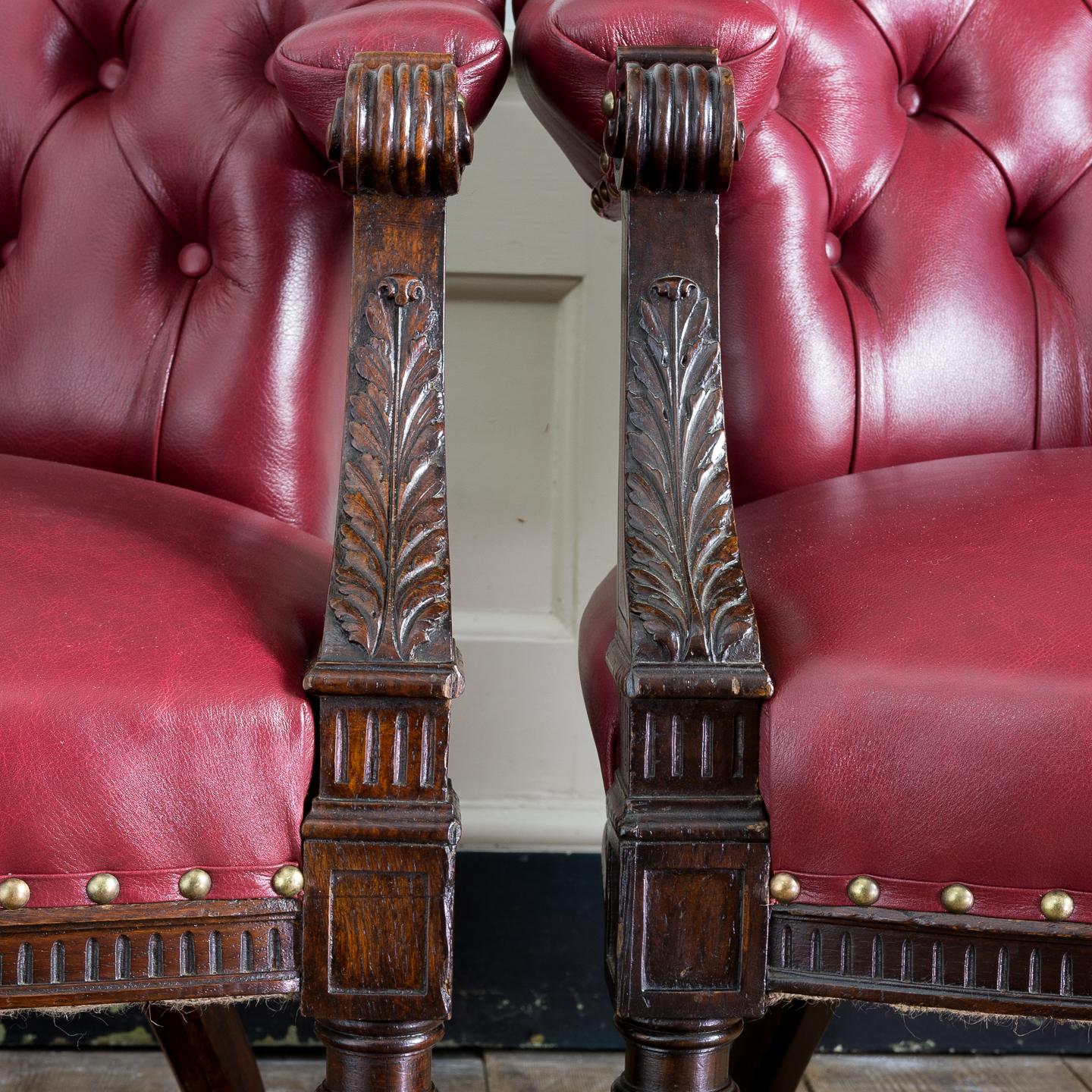 Set of Six Mid-Victorian Carved Oak and Leather Upholstered Club Armchairs For Sale 2