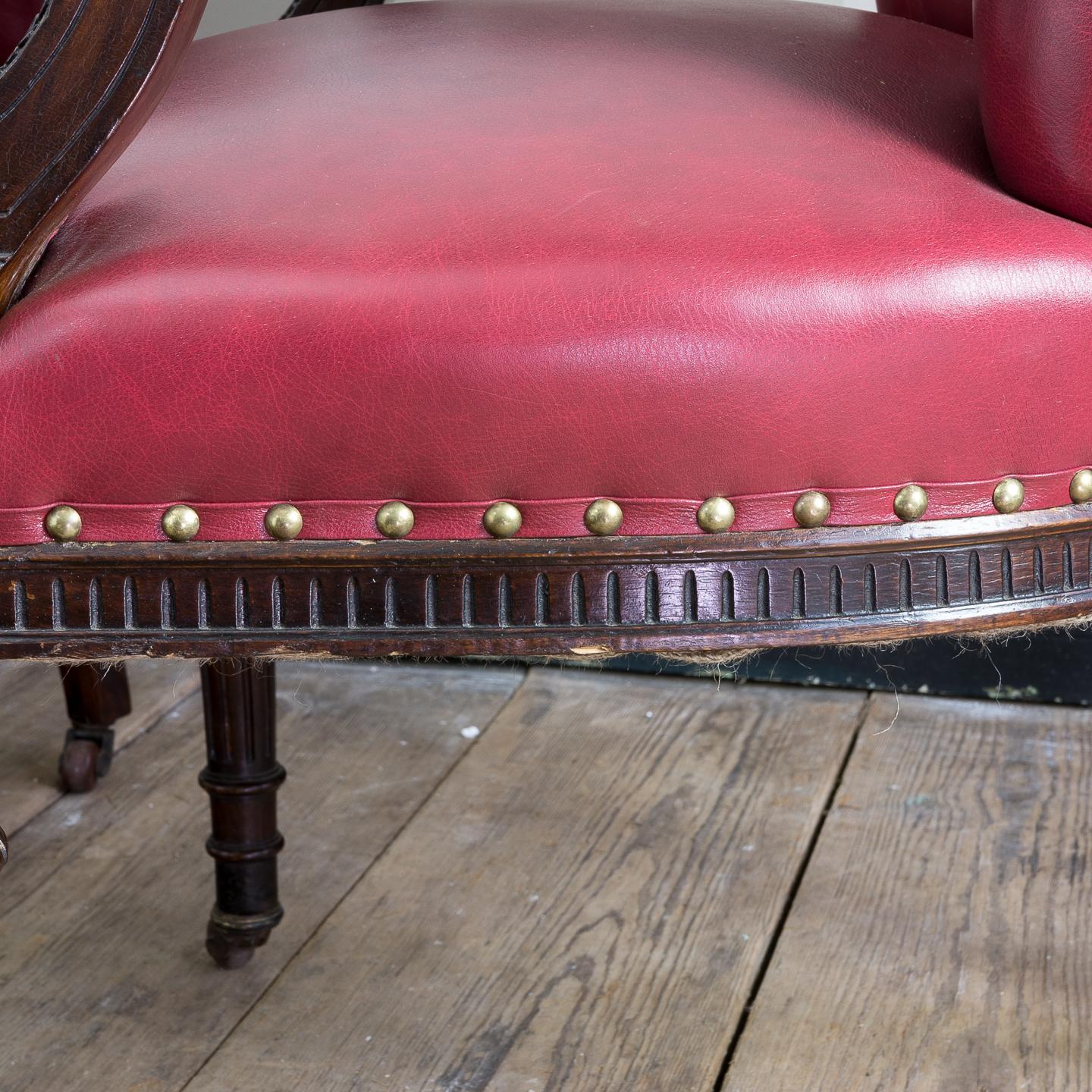 Set of Six Mid-Victorian Carved Oak and Leather Upholstered Club Armchairs For Sale 3