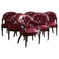 Set of Six Mid-Victorian Carved Oak and Leather Upholstered Club Armchairs