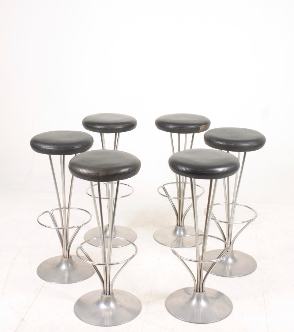 Mid-20th Century Set of Six Midcentury Barstools in Patinated Leather by Piet Hein, Danish, 1960s