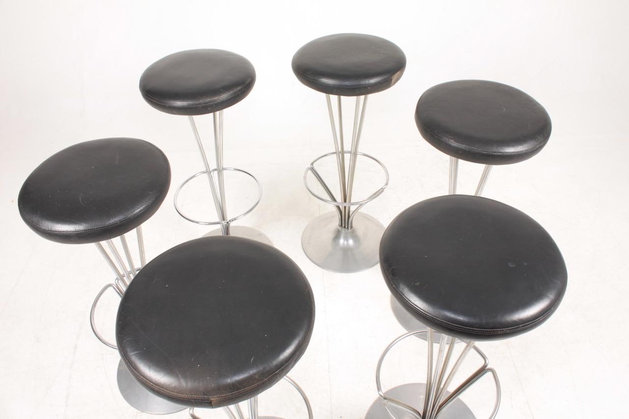 Metal Set of Six Midcentury Barstools in Patinated Leather by Piet Hein, Danish, 1960s