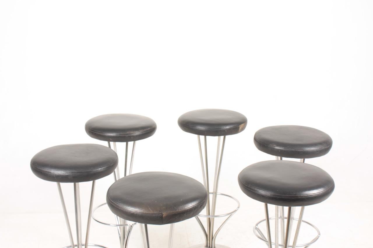Set of Six Midcentury Barstools in Patinated Leather by Piet Hein, Danish, 1960s 1