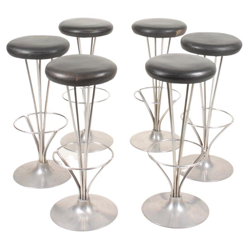 Set of Six Midcentury Barstools in Patinated Leather by Piet Hein, Danish, 1960s