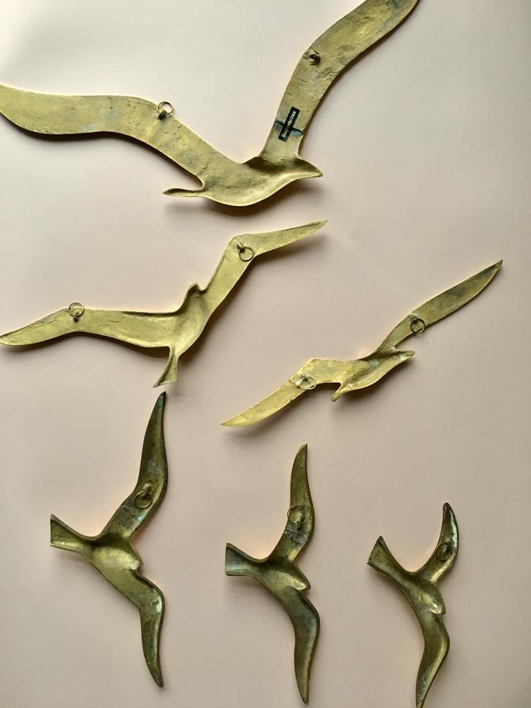 Mid-Century Modern Set of Six Midcentury Brass Seagulls Wall Sculpture, 1960s