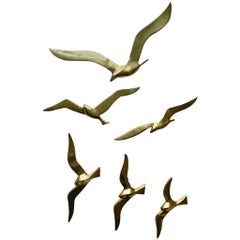 Vintage Set of Six Midcentury Brass Seagulls Wall Sculpture, 1960s