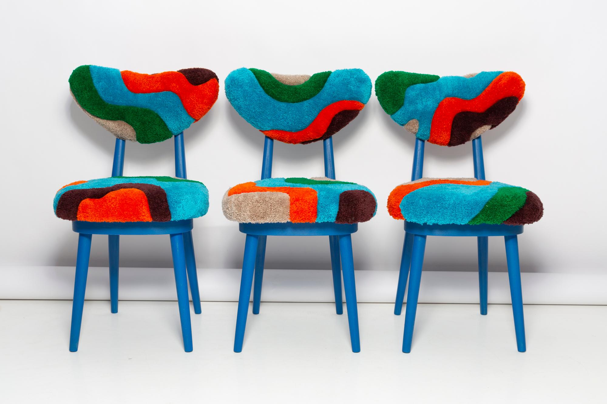 Polacco Set di sei sedie a farfalla e a cuore del MidCentury, lana con trapuntatura a mano, Europa, anni '60 in vendita