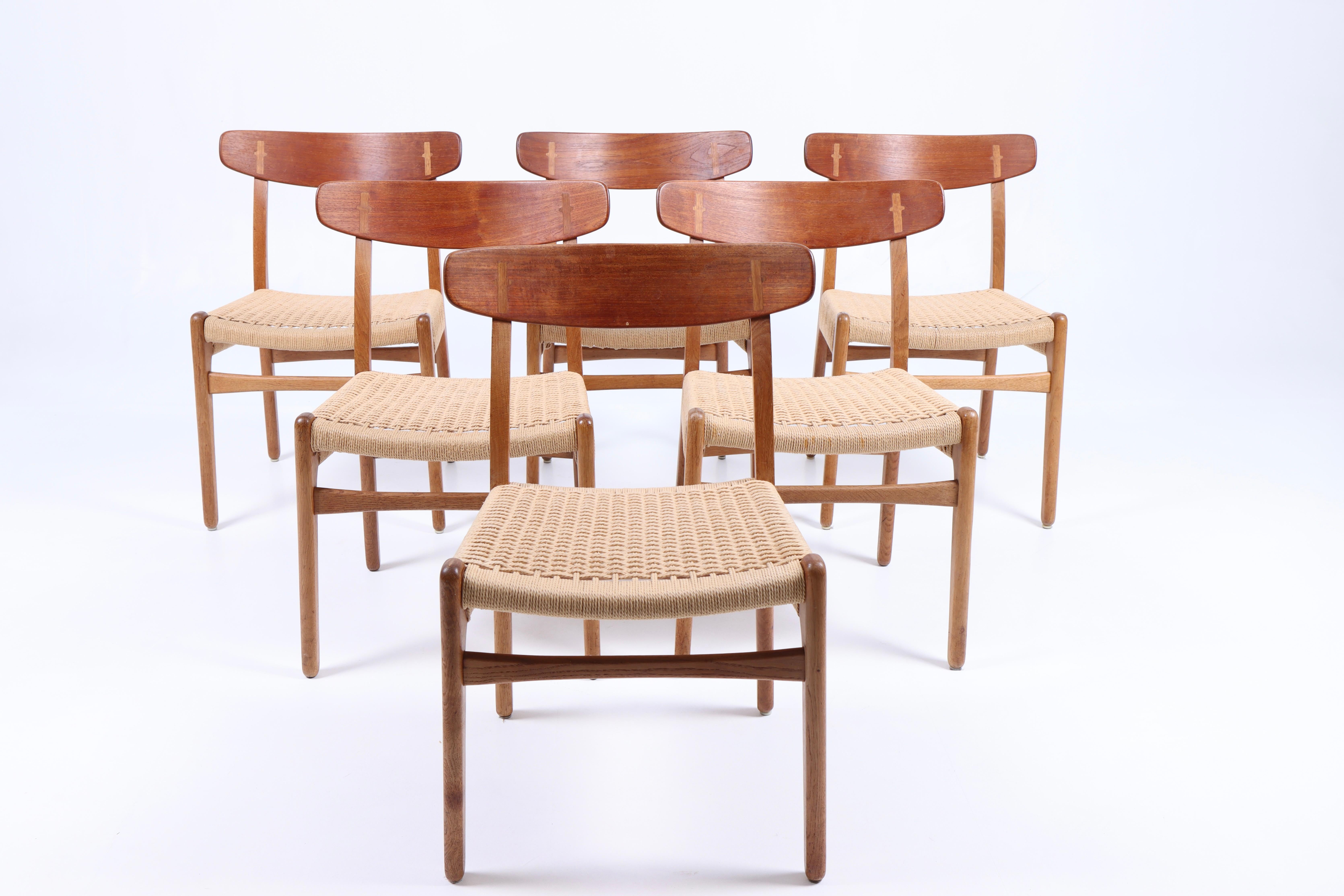 Mid-20th Century Set of Six Midcentury CH 23 Side Chairs in Teak & Oak by Wegner, 1950s