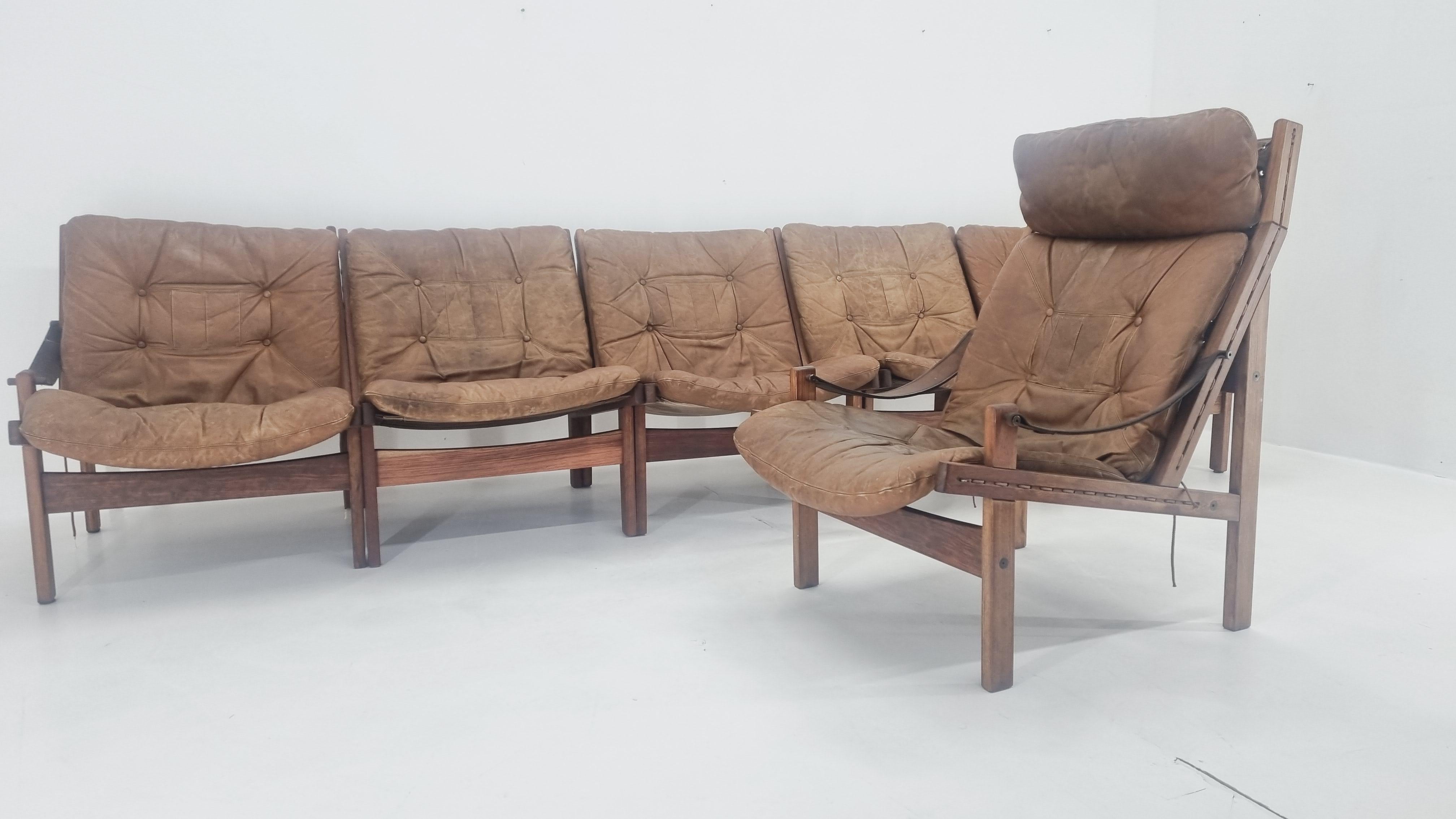 Leather Set of Five Midcentury Chairs Hunter by Torbjørn Afdal for Bruksbo Norway, 1960s For Sale