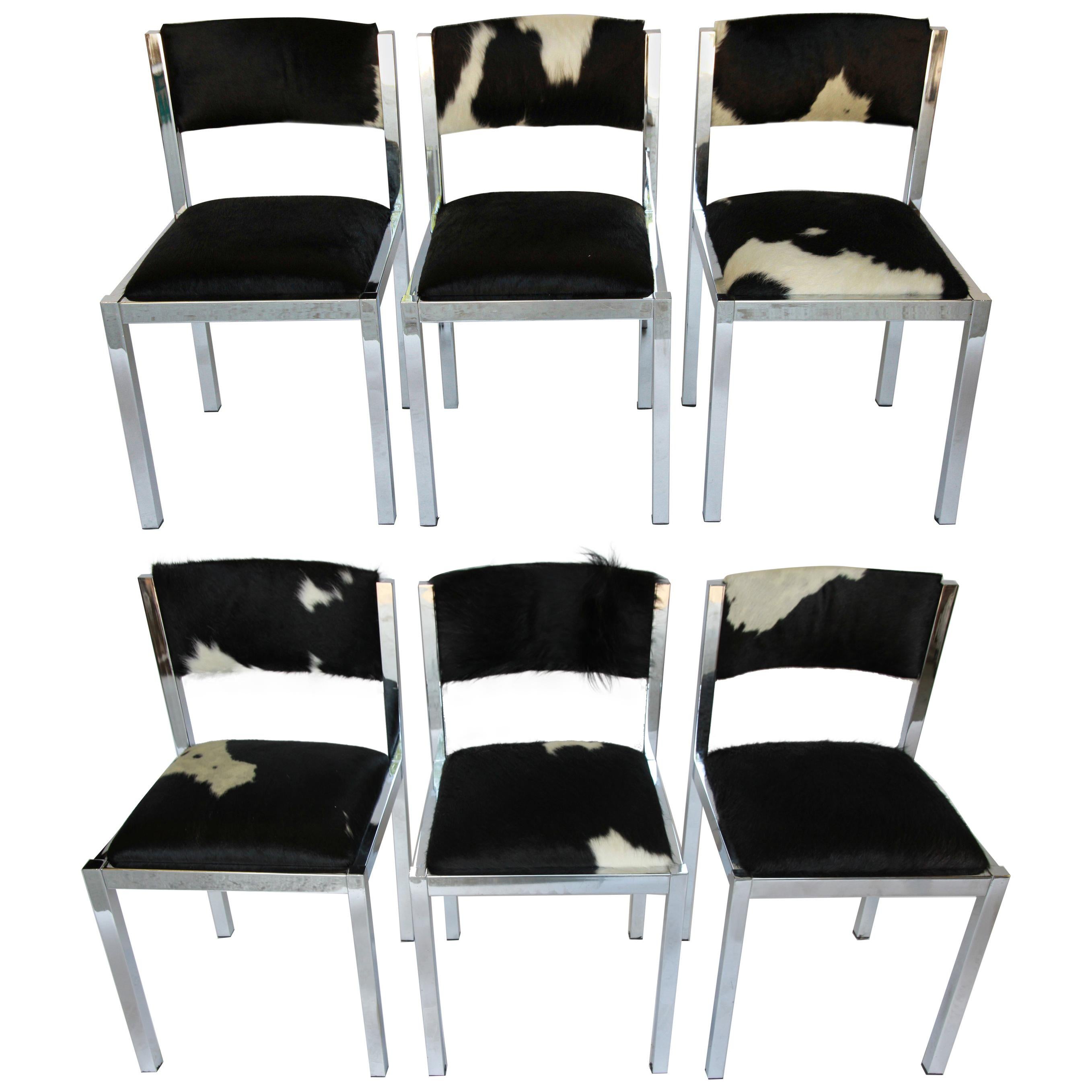 Set of Six Midcentury Chrome Chairs Newly Upholstered in Cowhide