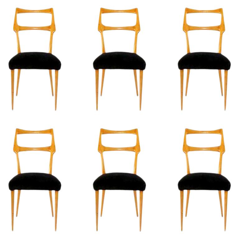 Set of Six Midcentury Dining Chairs in Maple by Augusto Romano, Italy