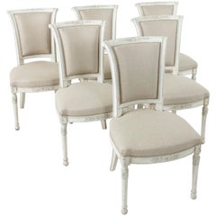 Vintage Set of Six Midcentury French Directoire Style Painted Dining Side Chairs, Linen