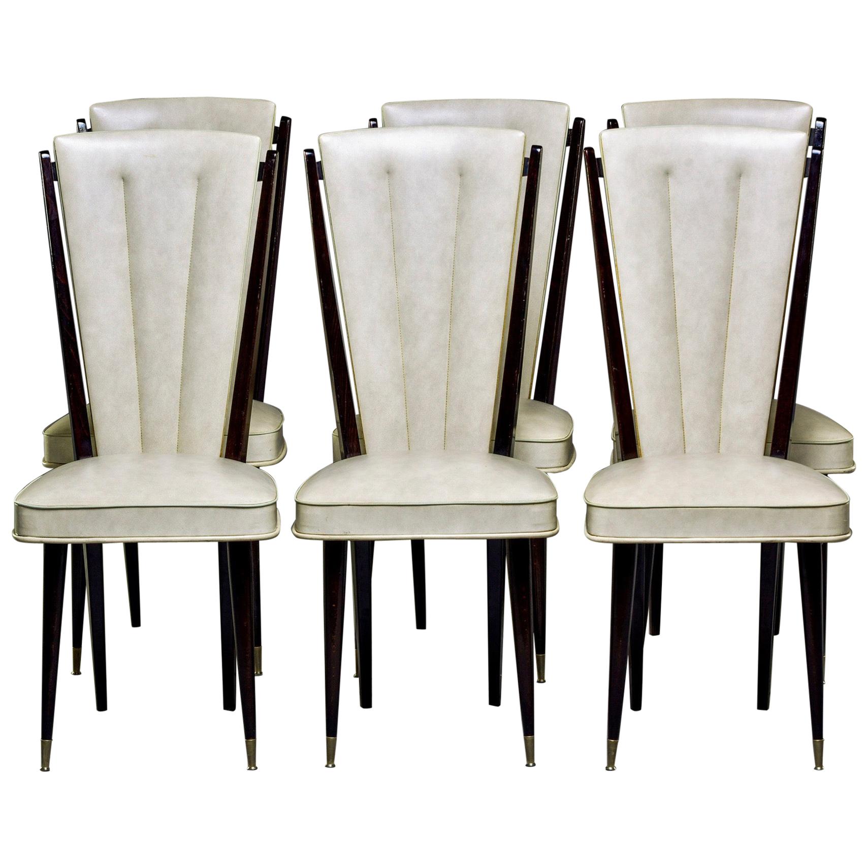 Set of Six Midcentury French Macassar Dining Chairs in Original Vinyl For Sale