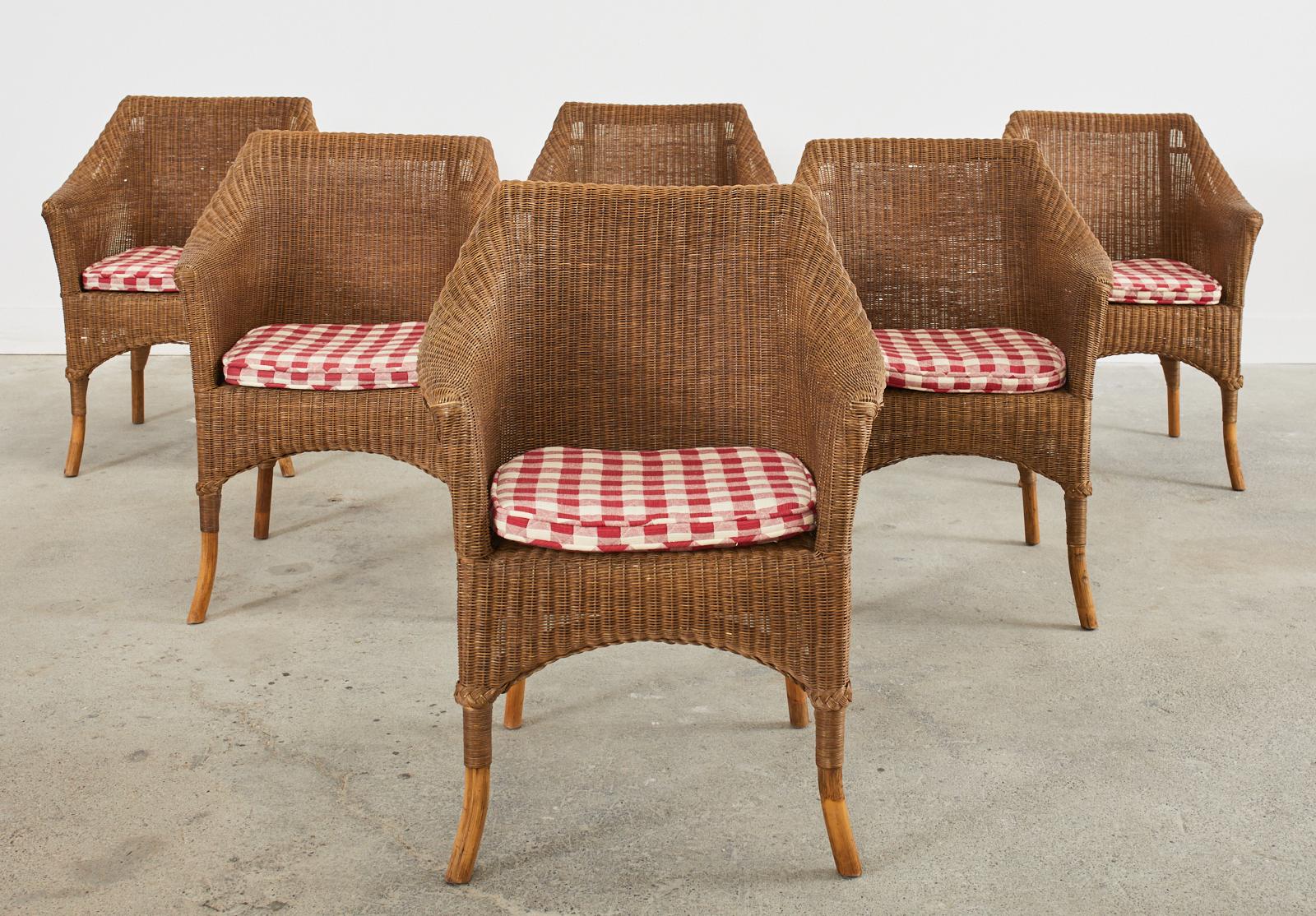 Organic Modern Set of Six Midcentury French Rattan Wicker Dining Armchairs