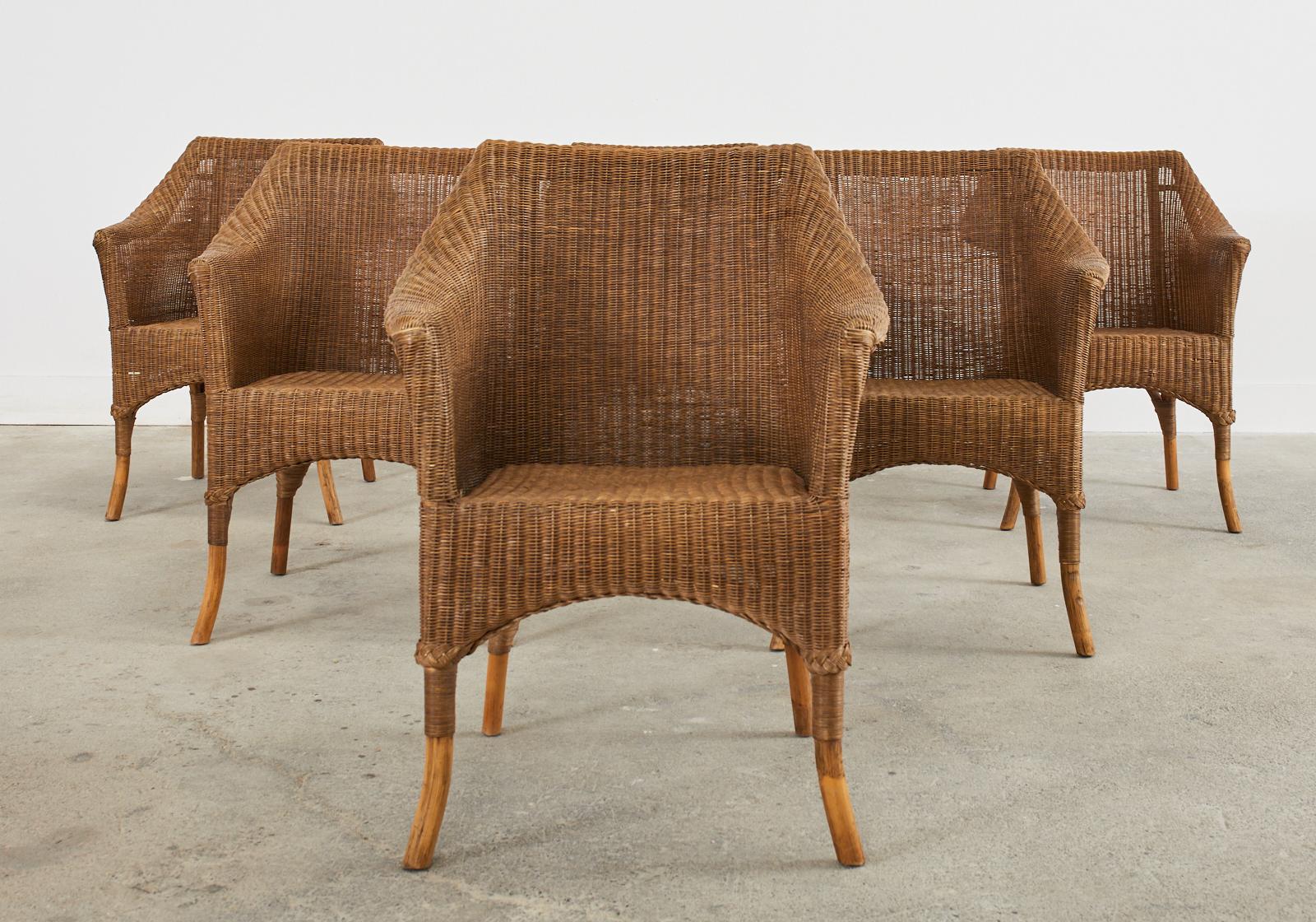 Woven Set of Six Midcentury French Rattan Wicker Dining Armchairs