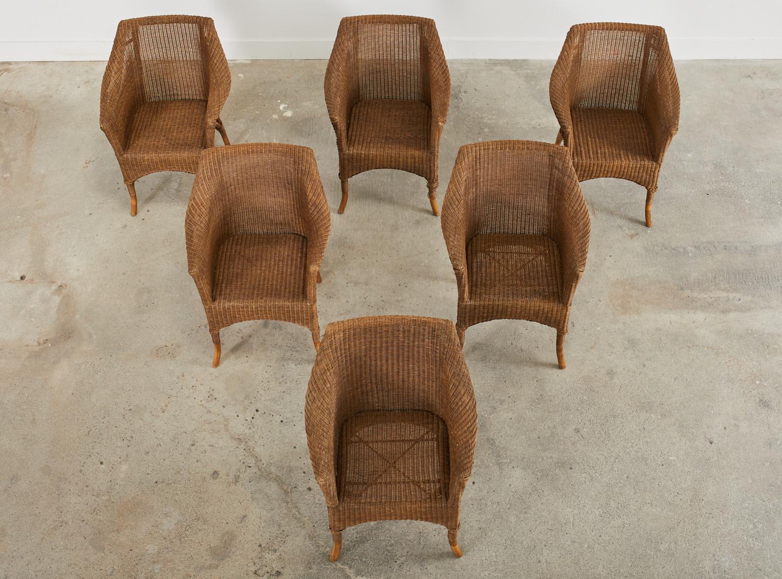 Set of Six Midcentury French Rattan Wicker Dining Armchairs In Fair Condition In Rio Vista, CA