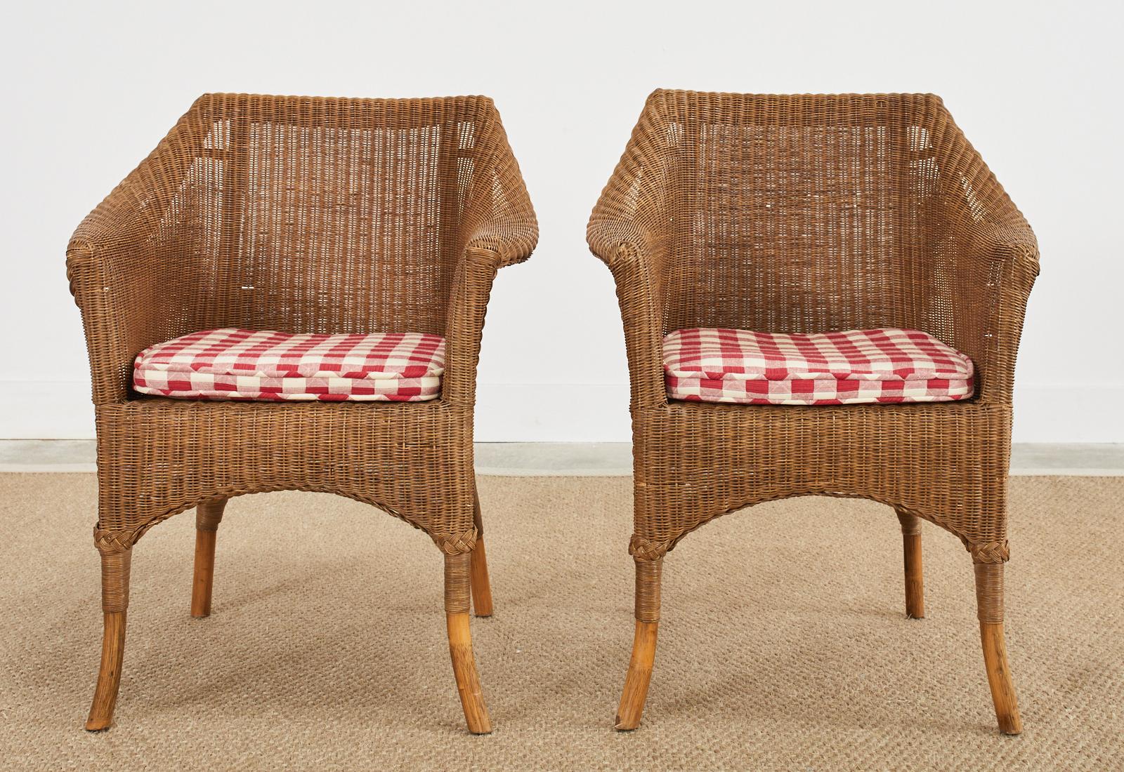 Wood Set of Six Midcentury French Rattan Wicker Dining Armchairs