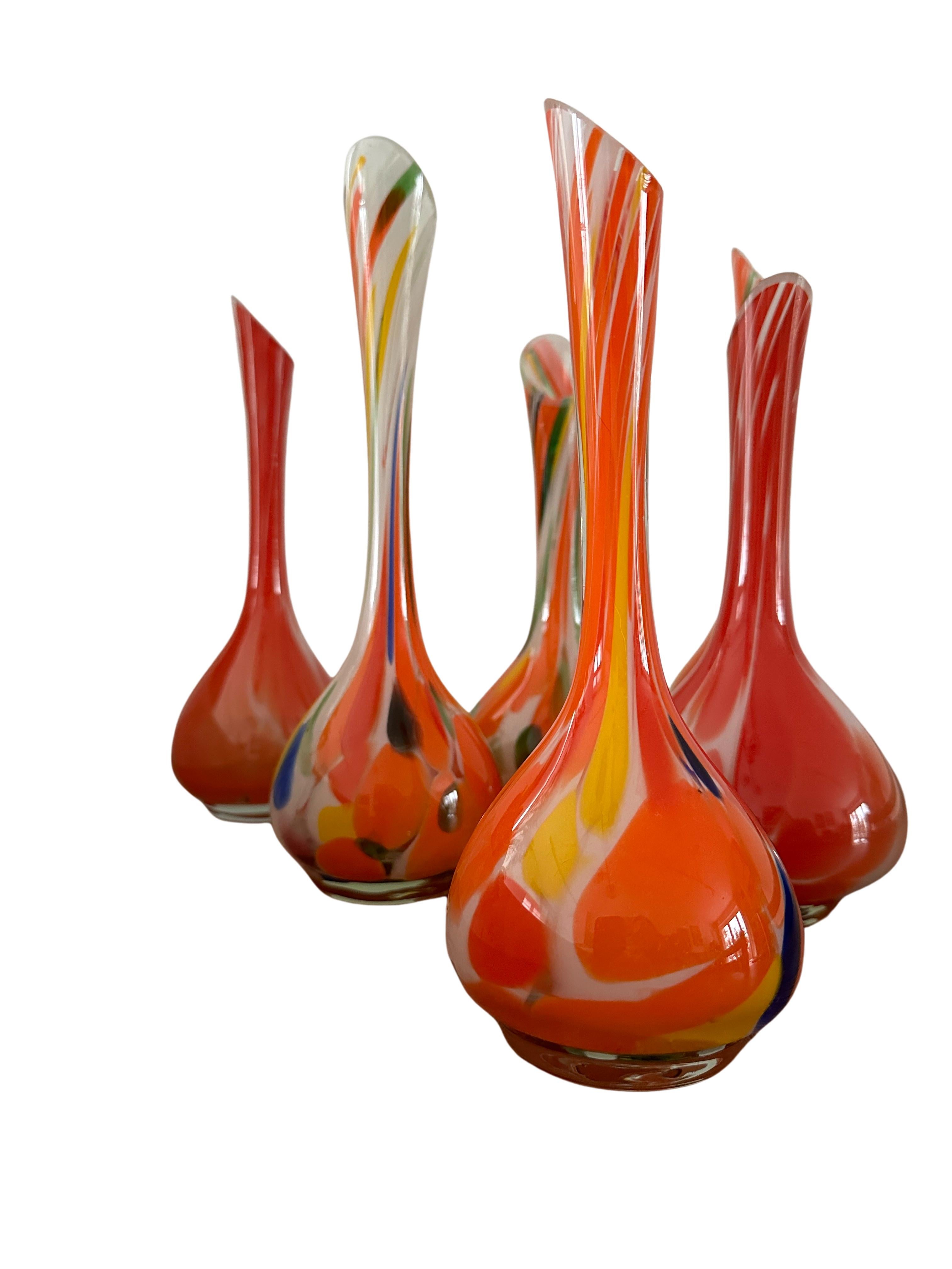 20th Century Set of Six Midcentury Glass Colorful Vases, Poland, 1970s For Sale