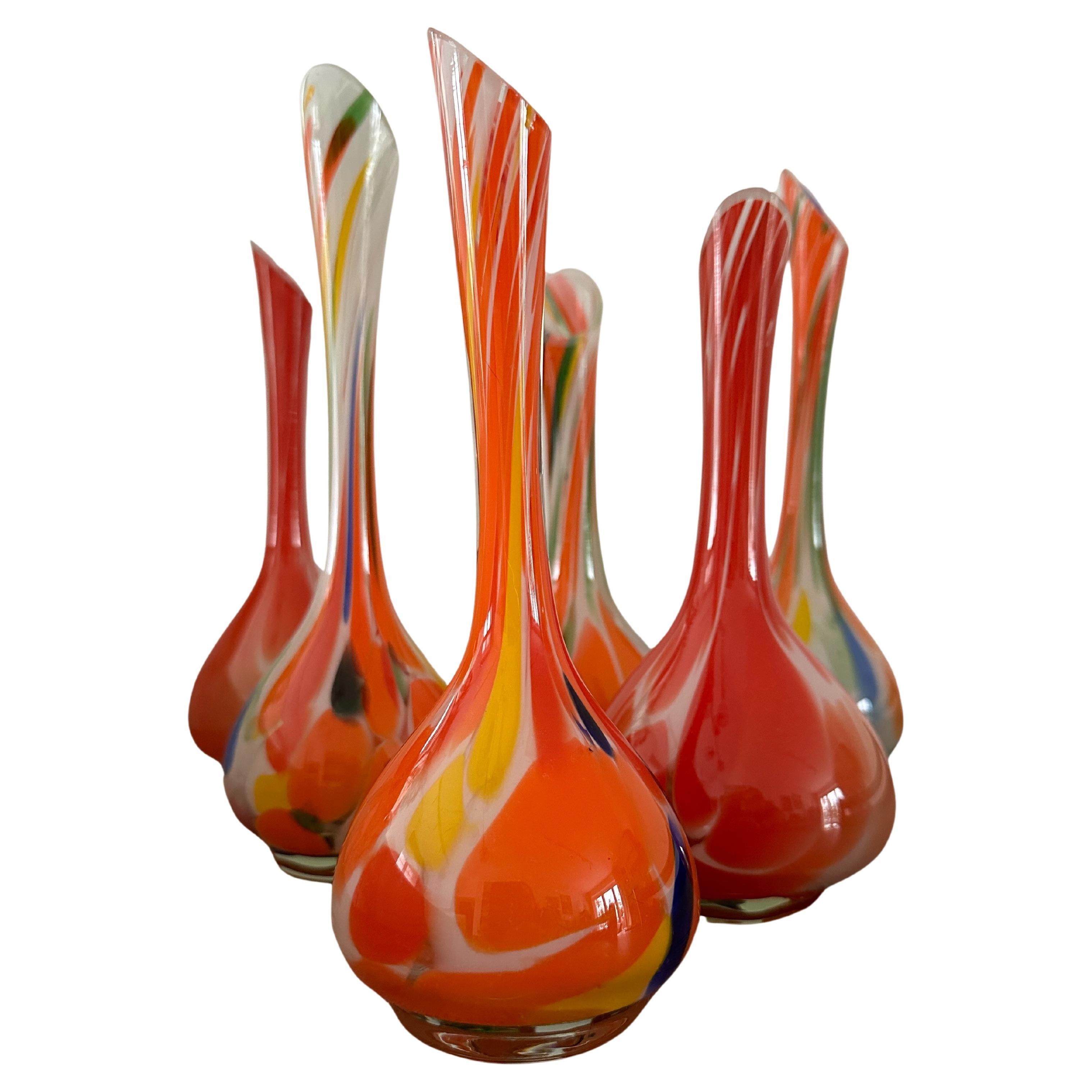 Set of Six Midcentury Glass Colorful Vases, Poland, 1970s For Sale