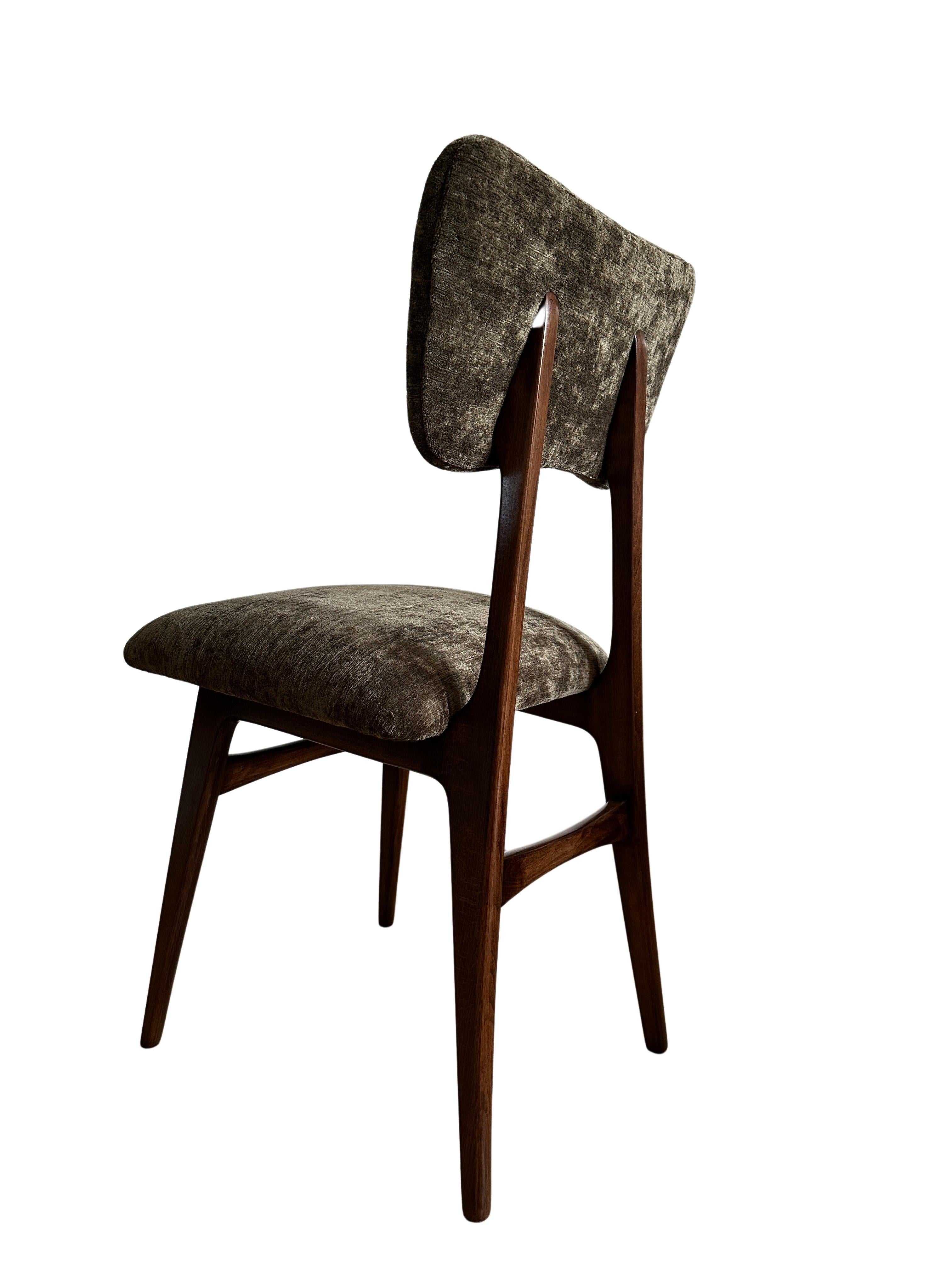 Unique set of six chairs manufactured in Poland in the 1960s, designed by Rajmund Halas. 

The upholstery is made of velvet fabric in dark green color. reflectin the colors of nature. It s a soft, fine, woven upholstery velvet. The fabric has been