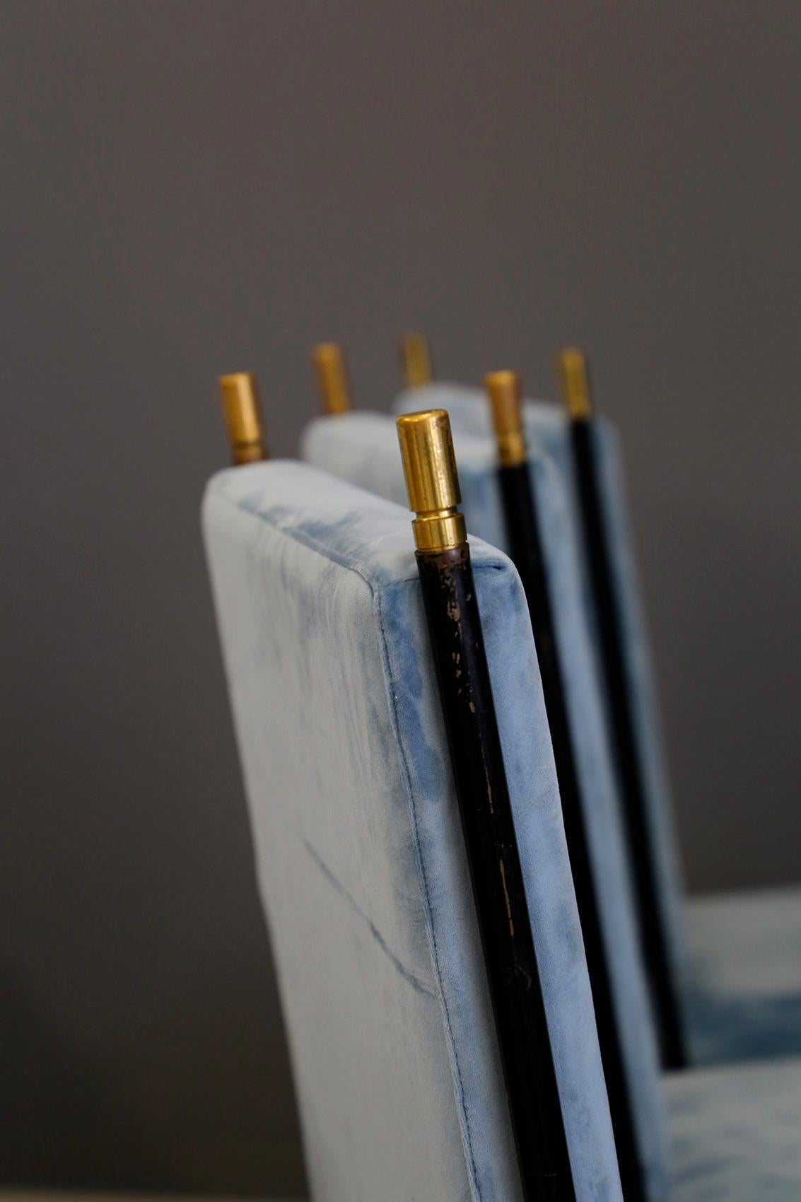 Mid-Century Modern Set of Six Midcentury Iron Chair Blue and Brass by Bertrand, Paris, 1950s