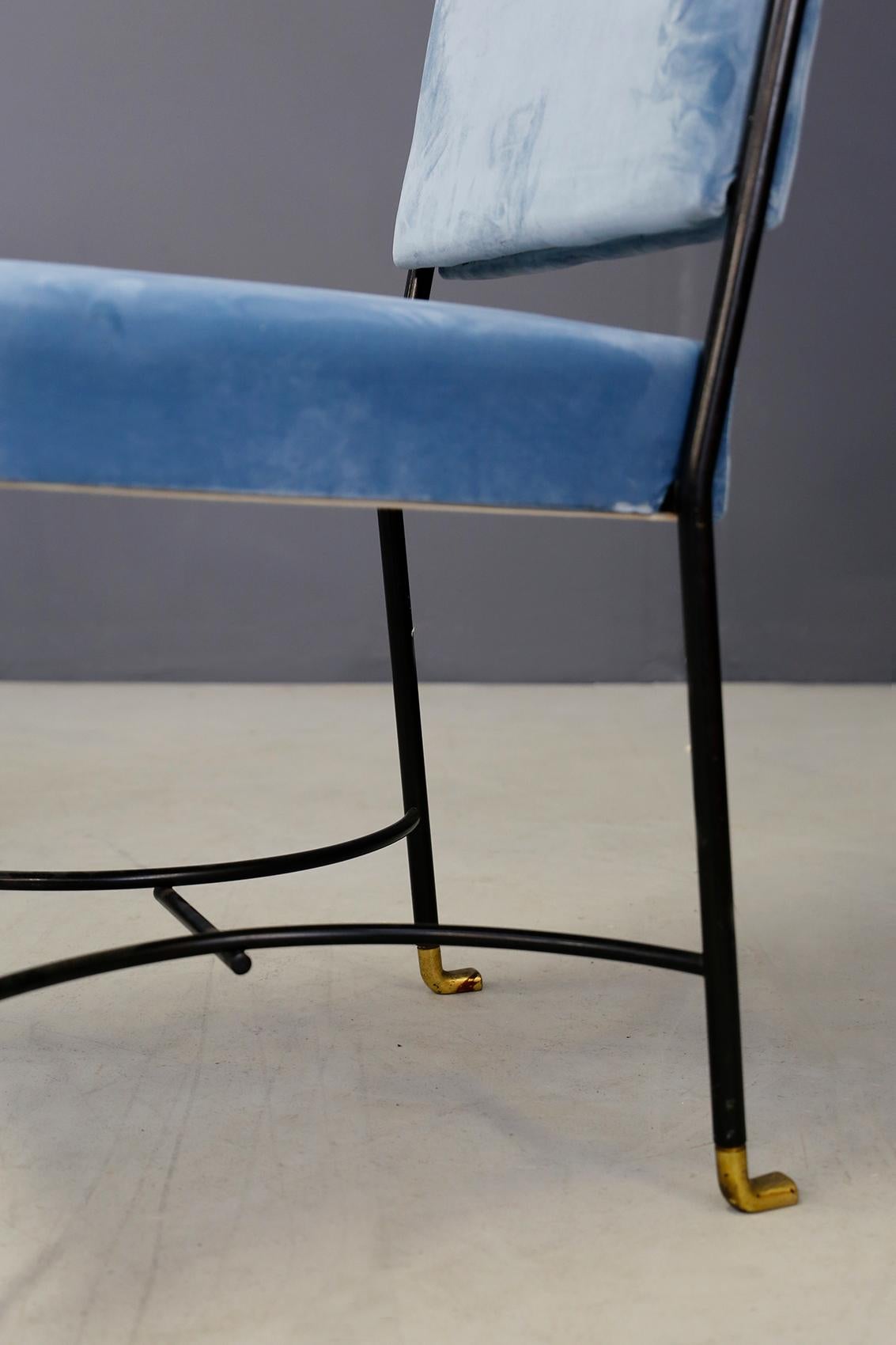 Set of Six Midcentury Iron Chair Blue and Brass by Bertrand, Paris, 1950s In Good Condition In Milano, IT