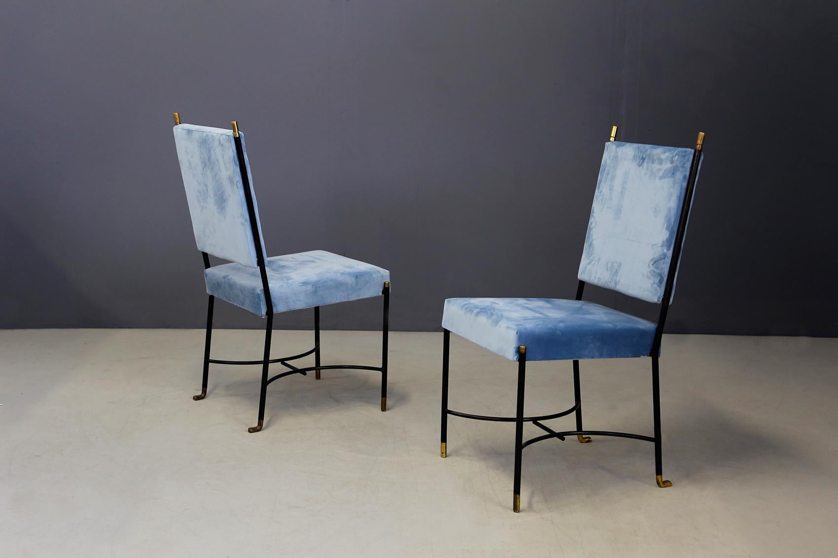 Mid-20th Century Set of Six Midcentury Iron Chair Blue and Brass by Bertrand, Paris, 1950s