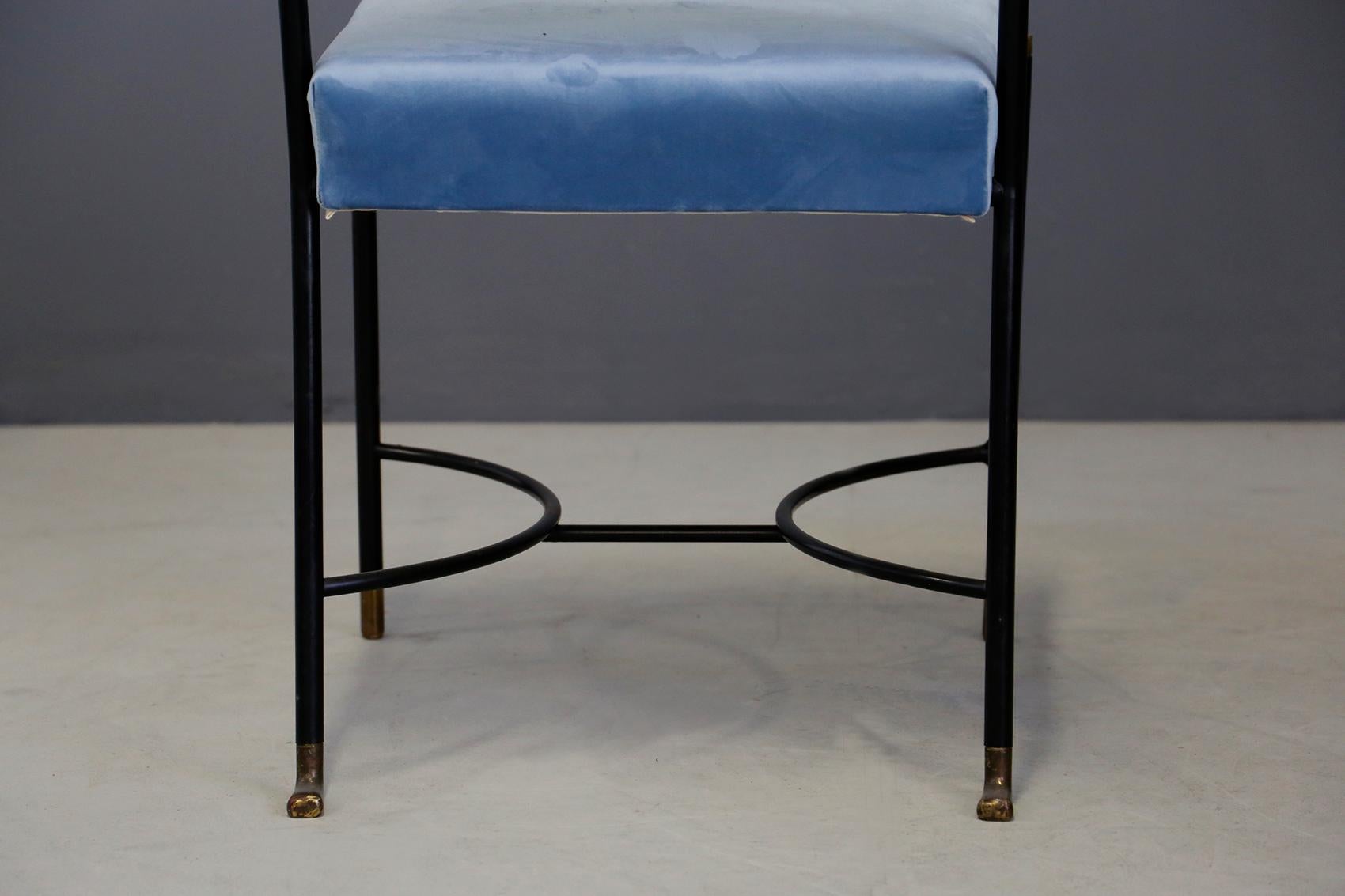 Set of Six Midcentury Iron Chair Blue and Brass by Bertrand, Paris, 1950s 1