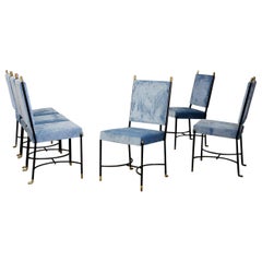 Set of Six Midcentury Iron Chair Blue and Brass by Bertrand, Paris, 1950s