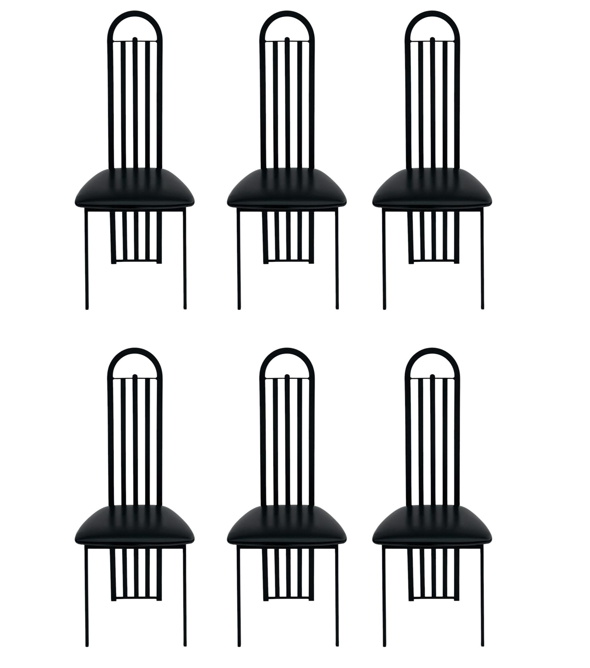 Set of Six Midcentury Italian Postmodern Black Lacquer Art Deco Dining Chairs For Sale 5
