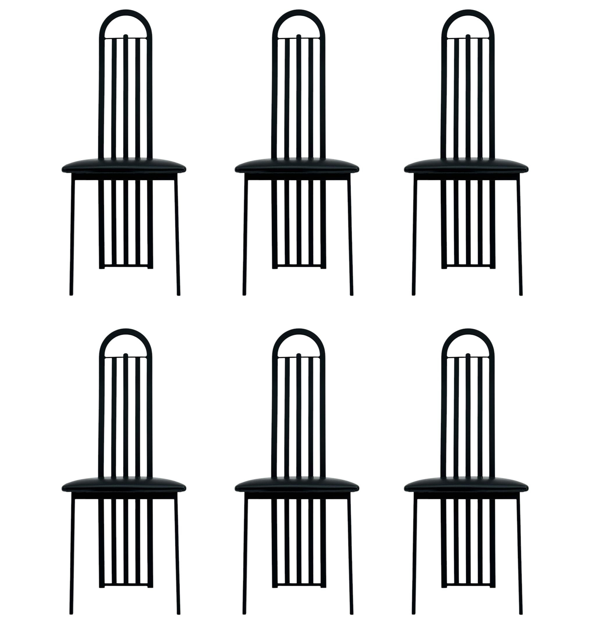 Late 20th Century Set of Six Midcentury Italian Postmodern Black Lacquer Art Deco Dining Chairs For Sale