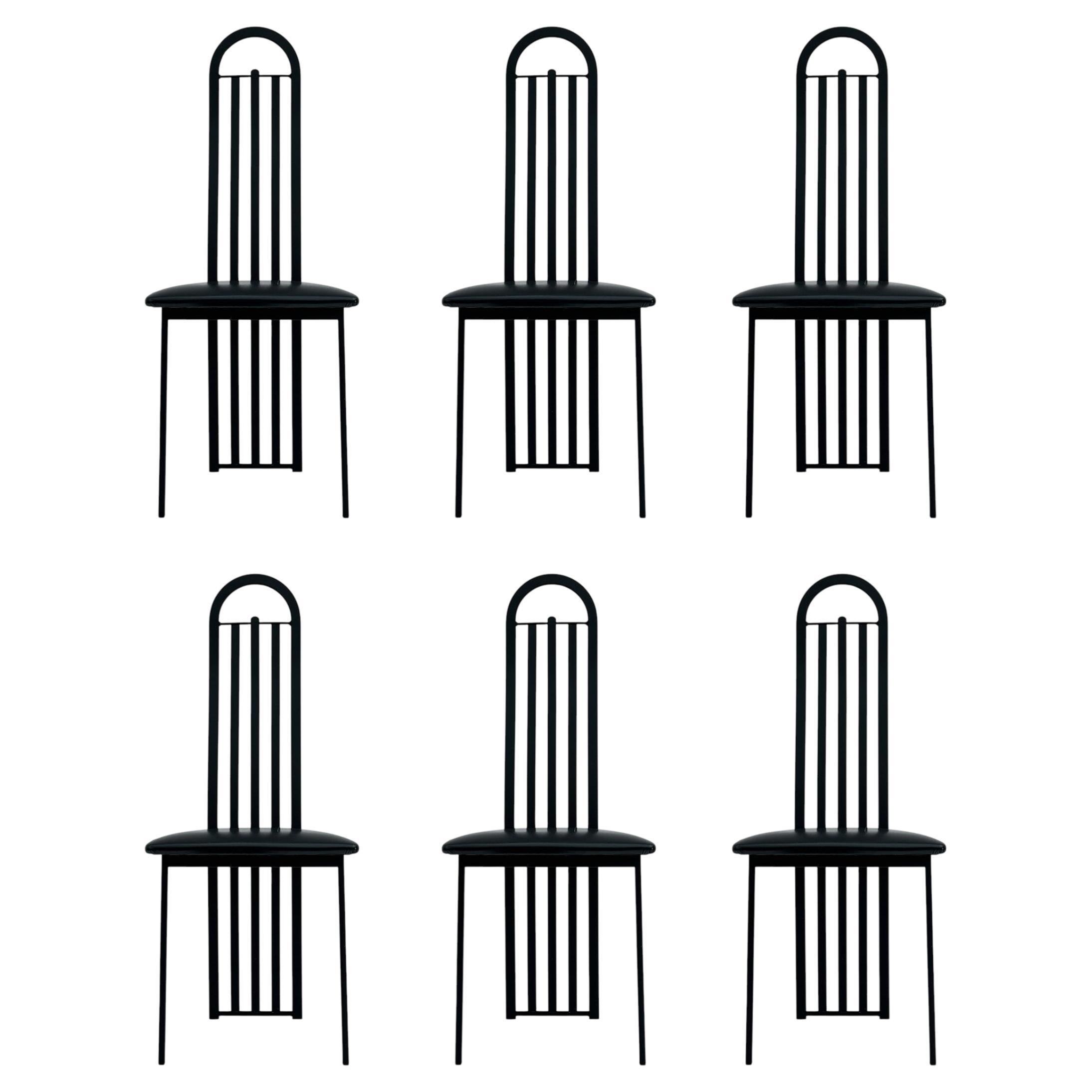Set of Six Midcentury Italian Postmodern Black Lacquer Art Deco Dining Chairs