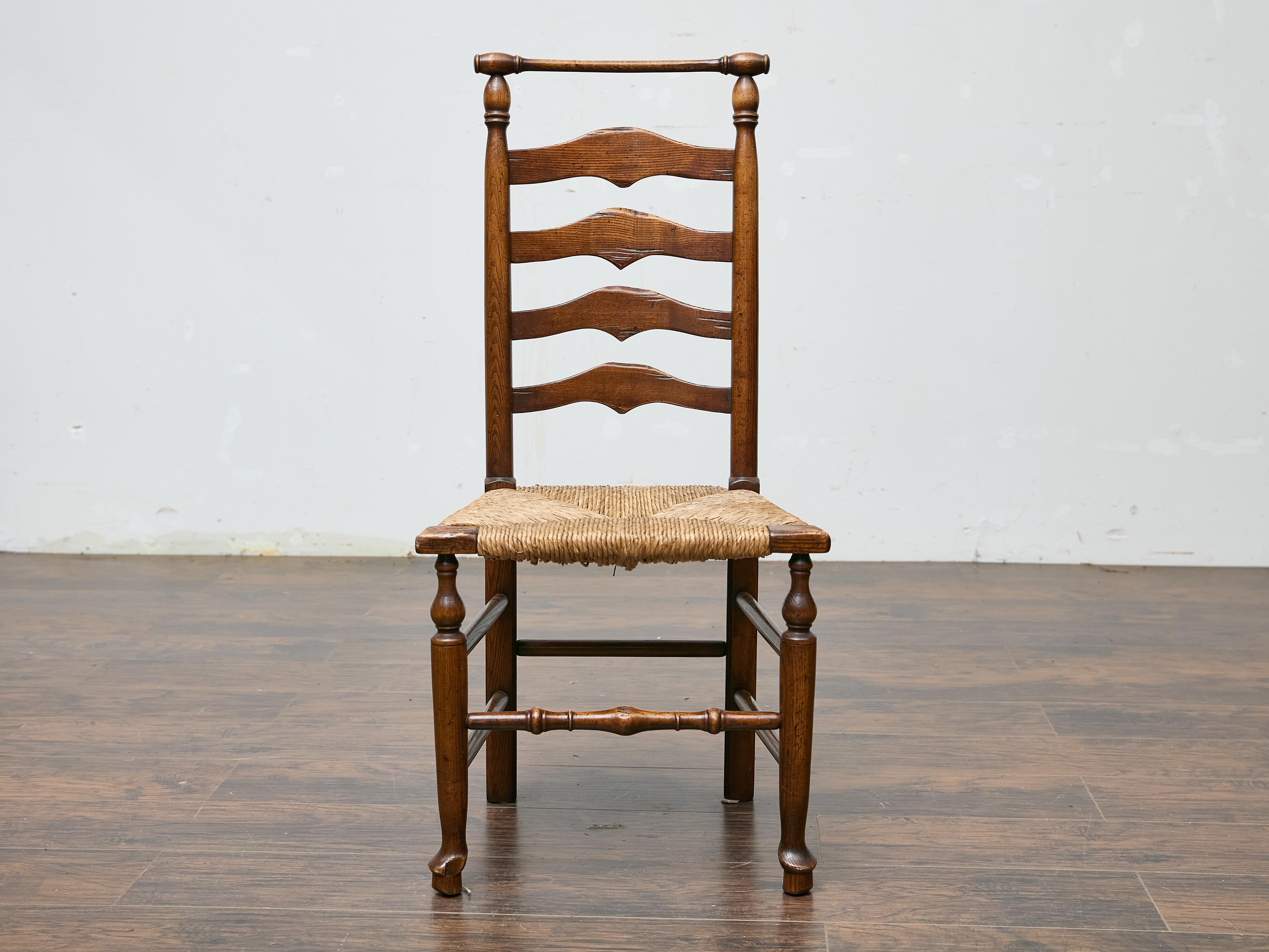 Set of Six Midcentury Ladder-Back Dining Room Chairs with Rush Seats 4