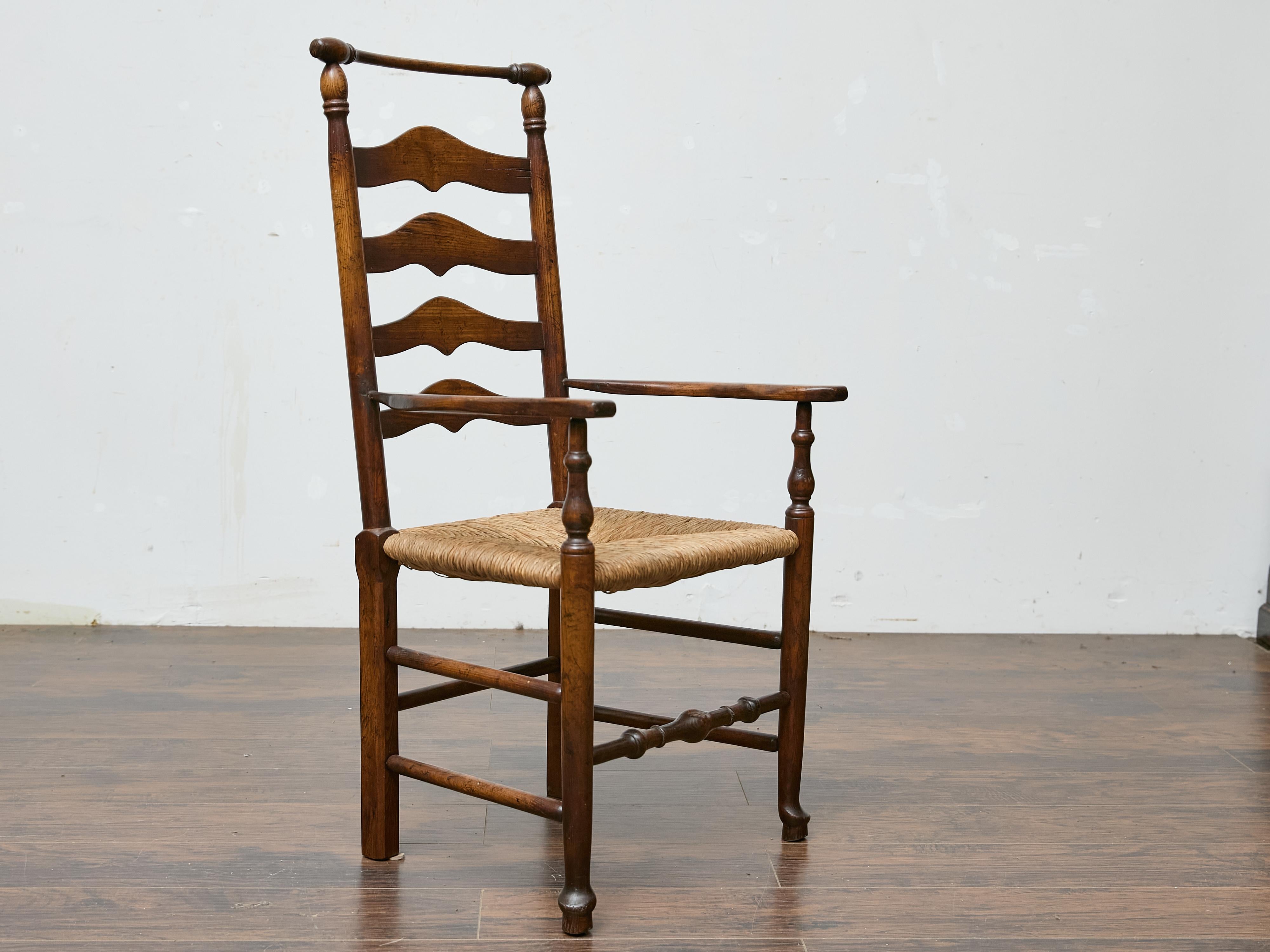 Set of Six Midcentury Ladder-Back Dining Room Chairs with Rush Seats 8