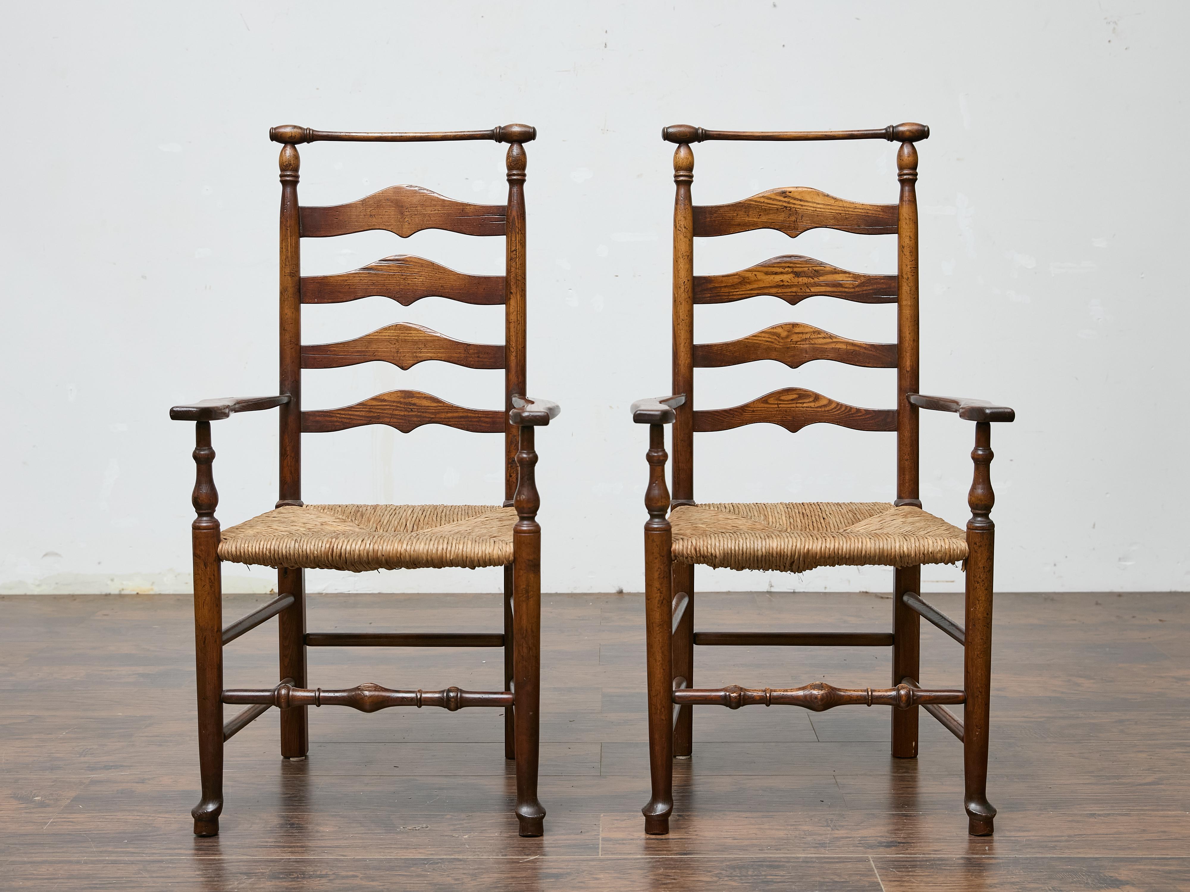 Set of Six Midcentury Ladder-Back Dining Room Chairs with Rush Seats 11