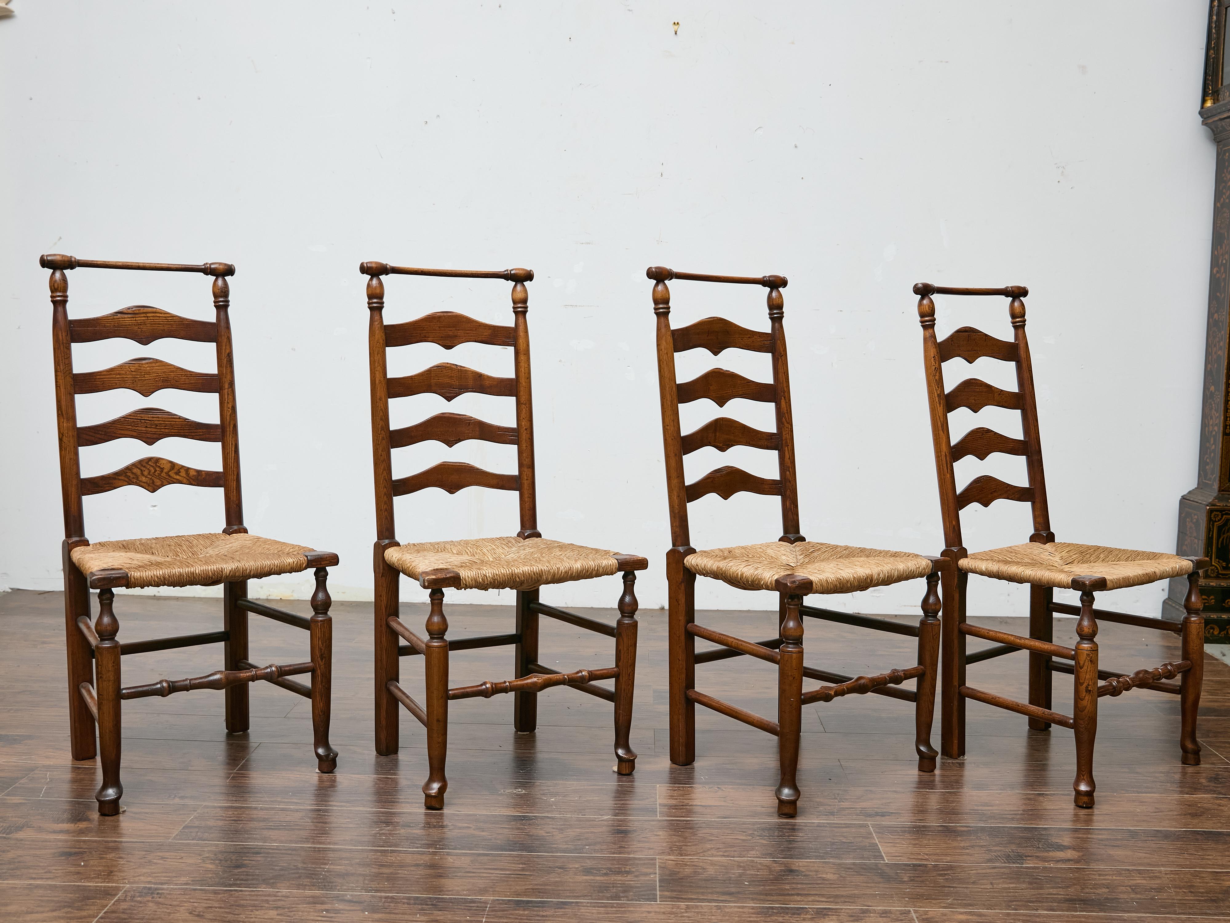 Set of Six Midcentury Ladder-Back Dining Room Chairs with Rush Seats 13