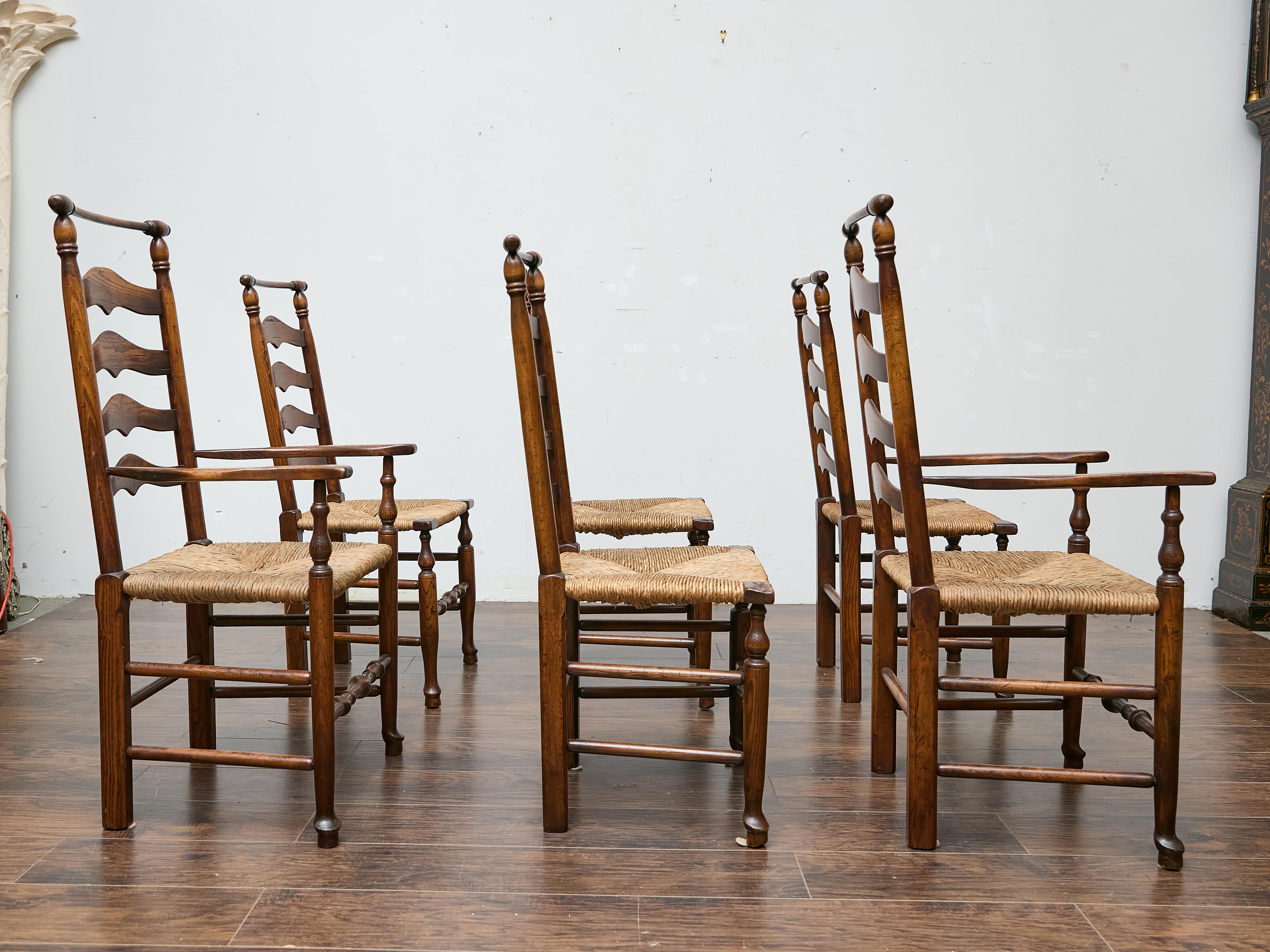 French Provincial Set of Six Midcentury Ladder-Back Dining Room Chairs with Rush Seats