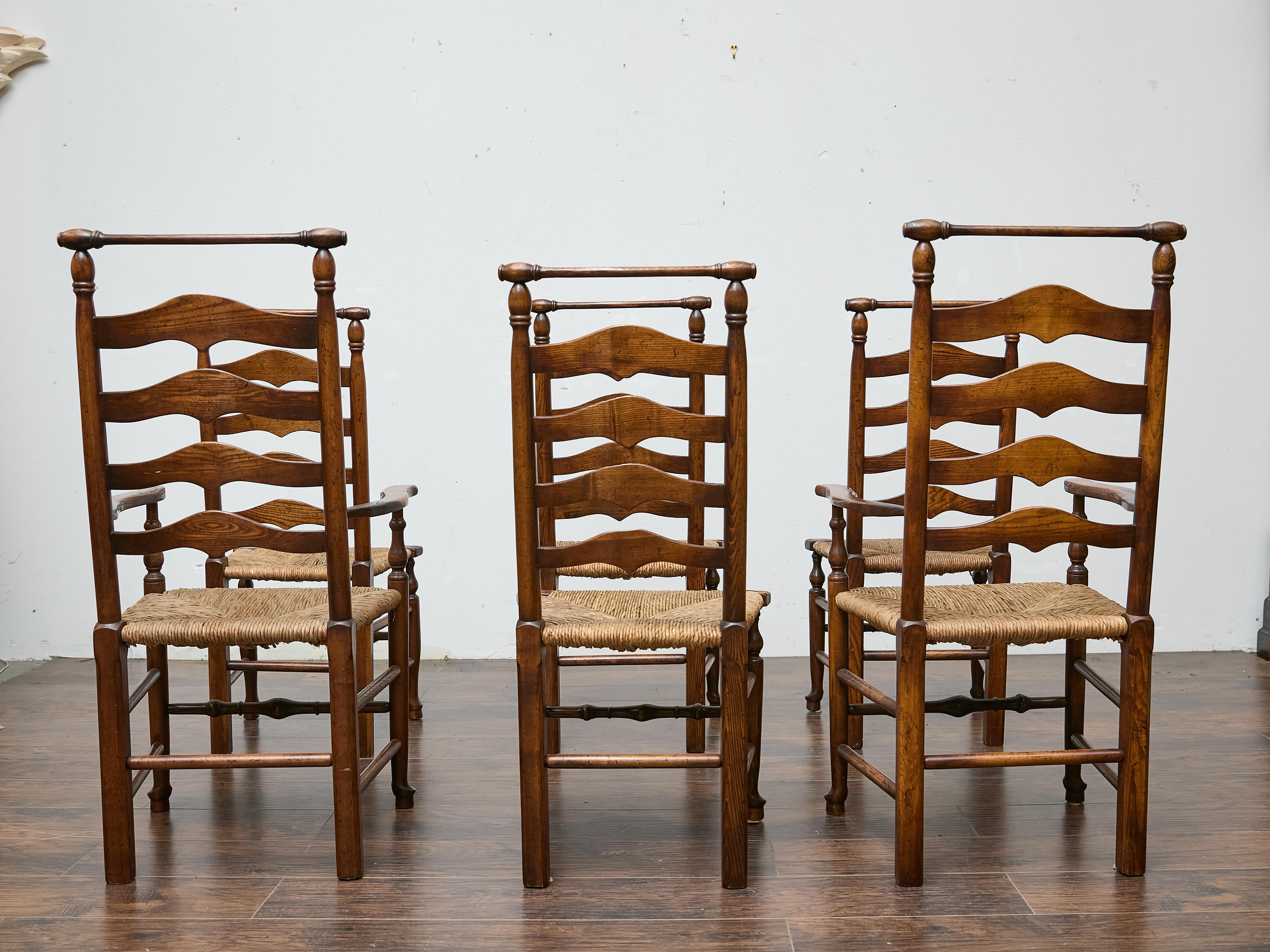 French Set of Six Midcentury Ladder-Back Dining Room Chairs with Rush Seats