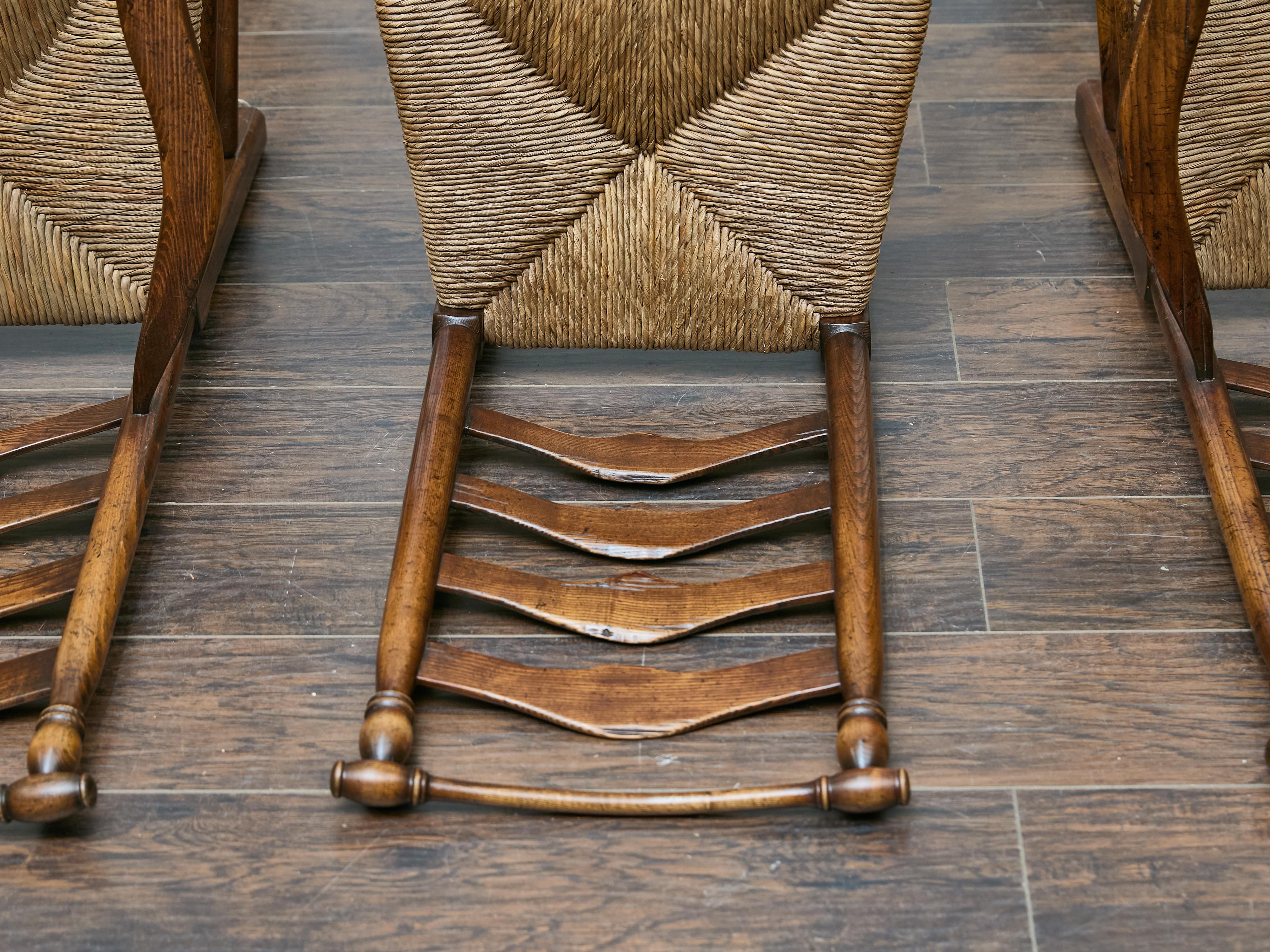 20th Century Set of Six Midcentury Ladder-Back Dining Room Chairs with Rush Seats