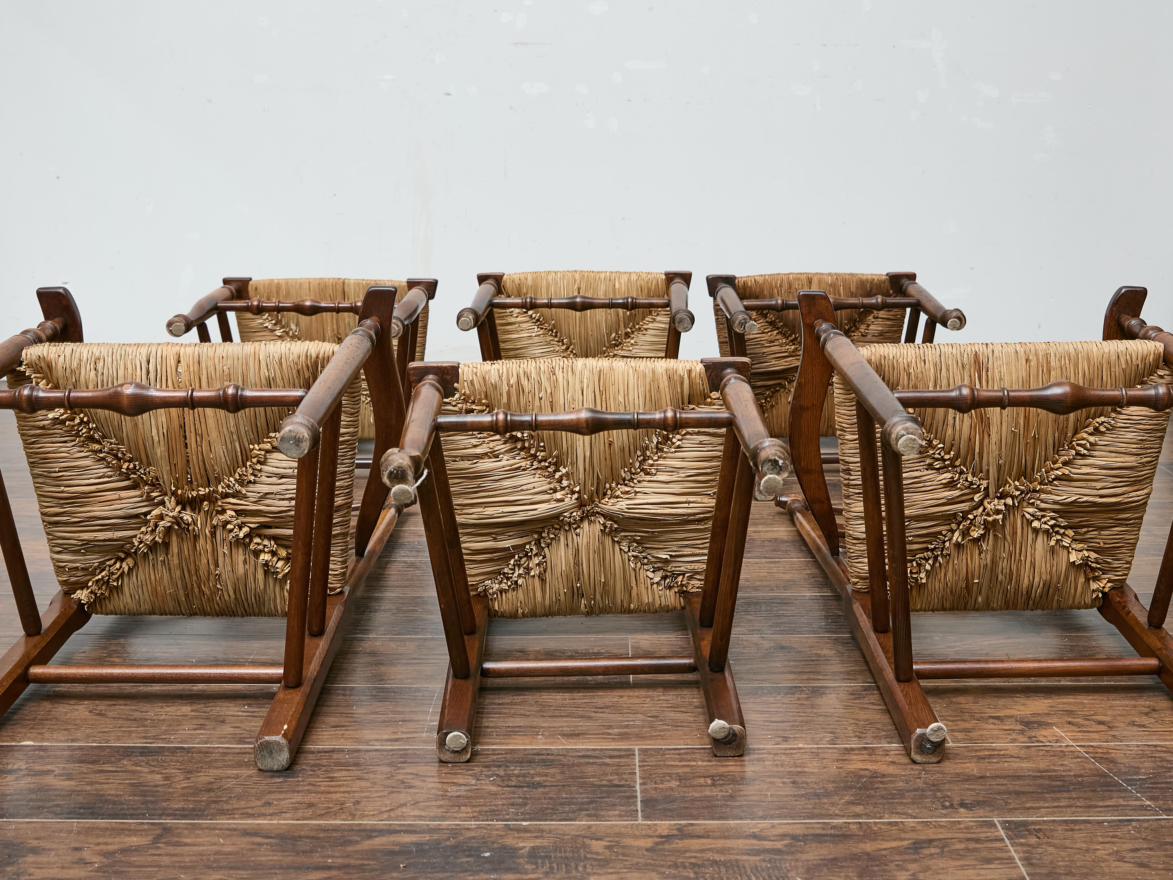 Set of Six Midcentury Ladder-Back Dining Room Chairs with Rush Seats 1