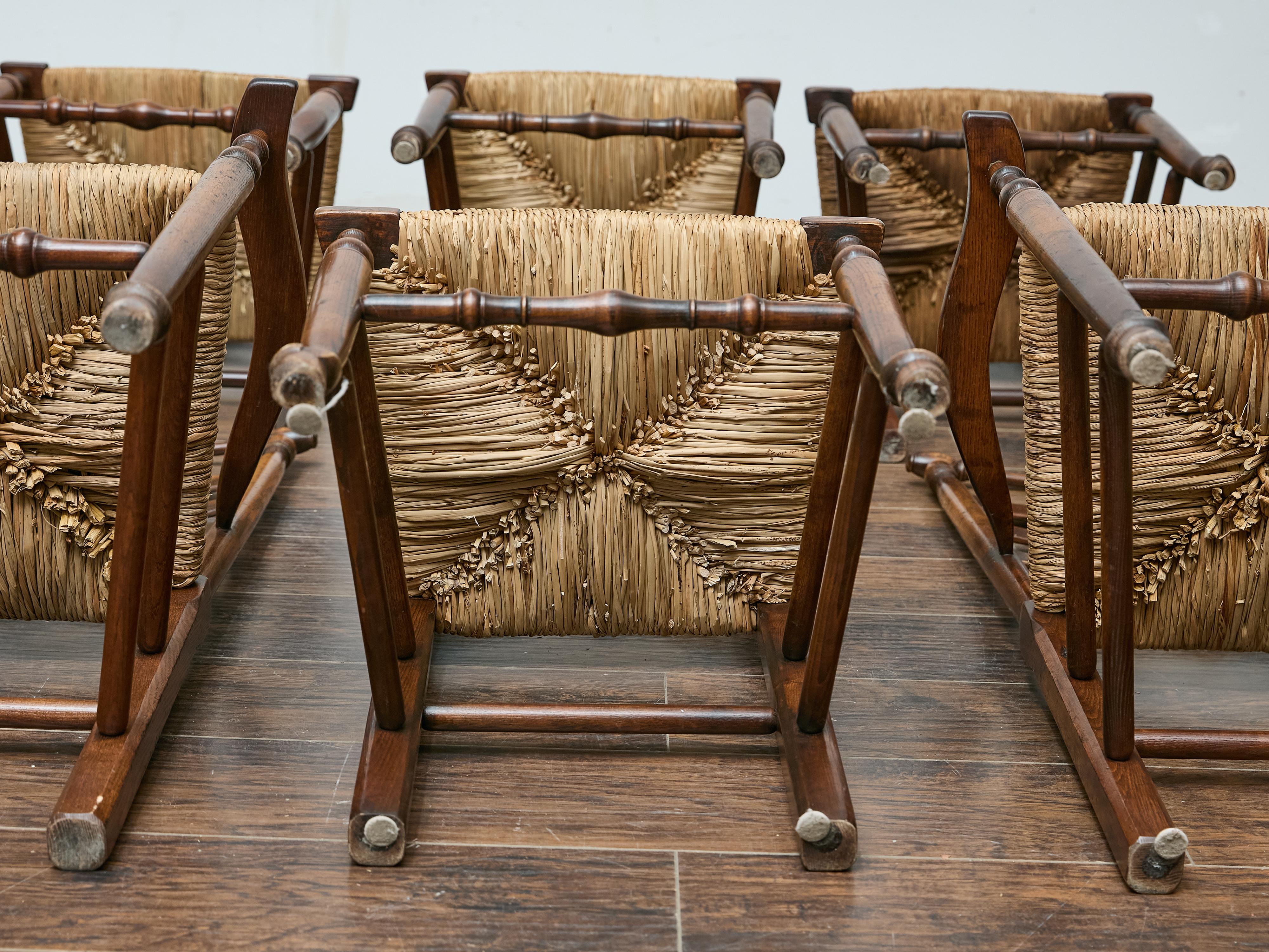 Set of Six Midcentury Ladder-Back Dining Room Chairs with Rush Seats 2