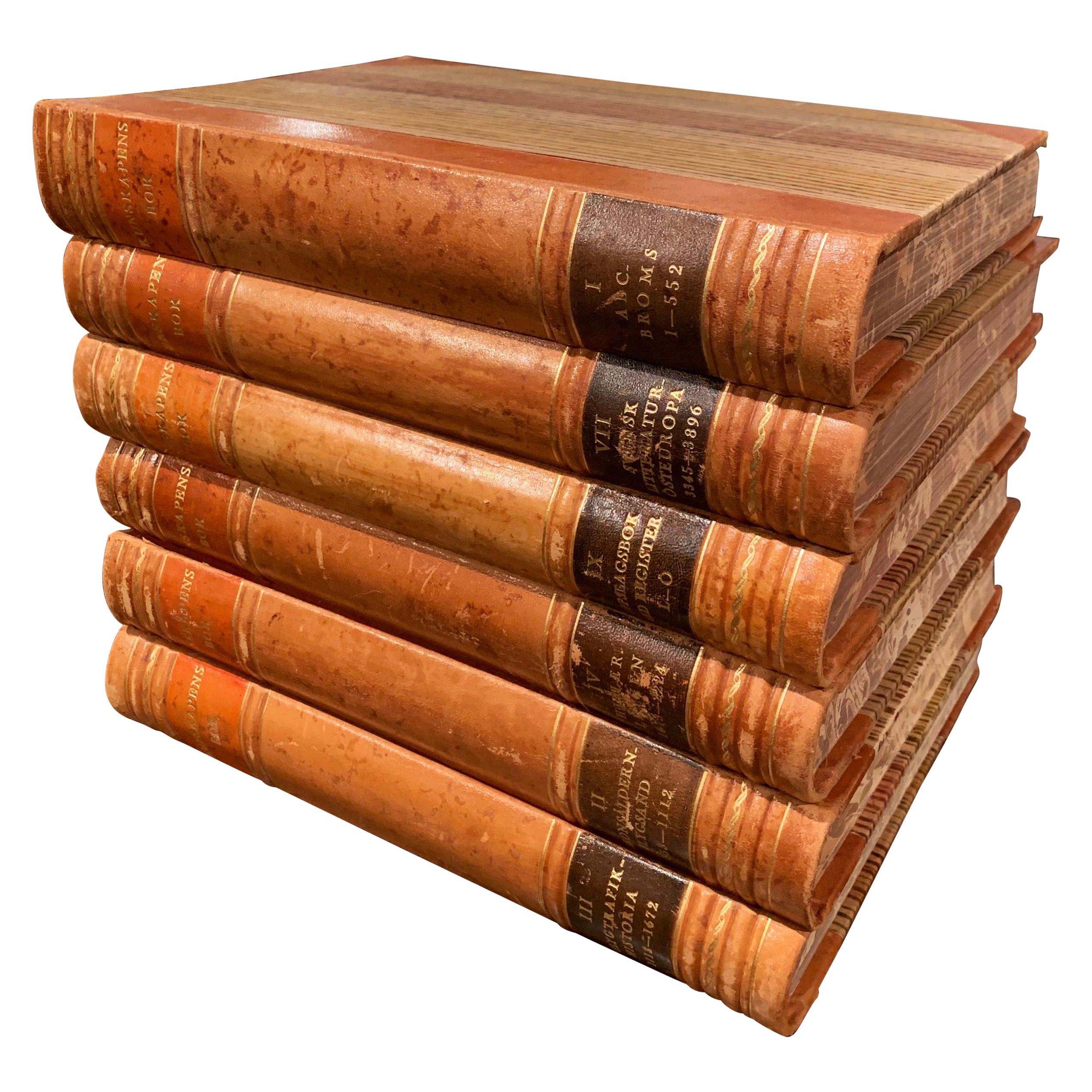 Set of Six Midcentury Leather Bound Swedish Books of Knowledge, Dated 1949