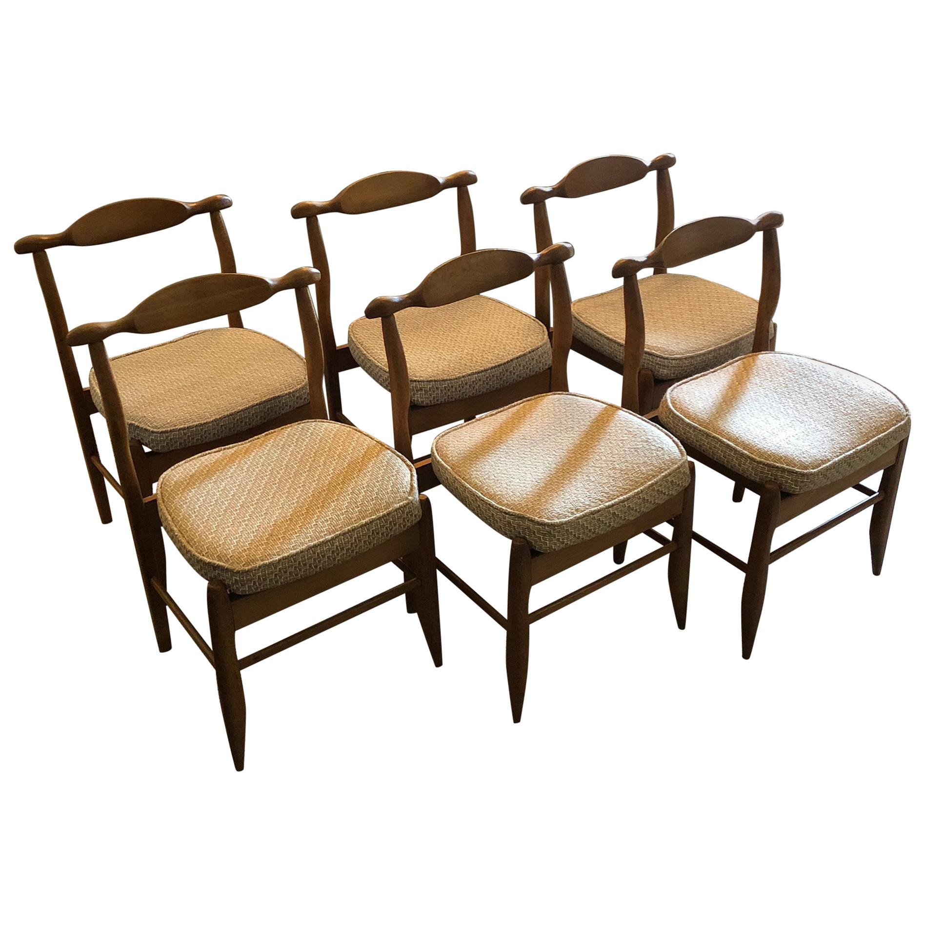 Set of Six Midcentury Oak Dining Chairs, Guillerme & Chambron France, circa 1960