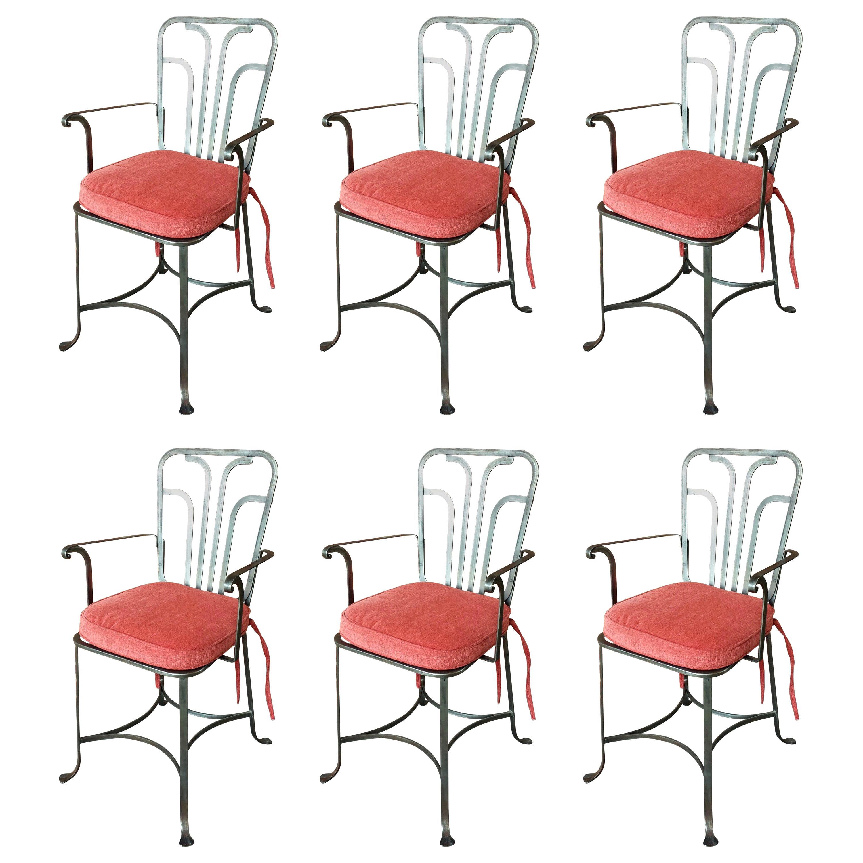 Set of Six Midcentury Polished Steel Italian Armchairs with Red Cushions