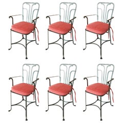 Set of Six Midcentury Polished Steel Italian Armchairs with Red Cushions