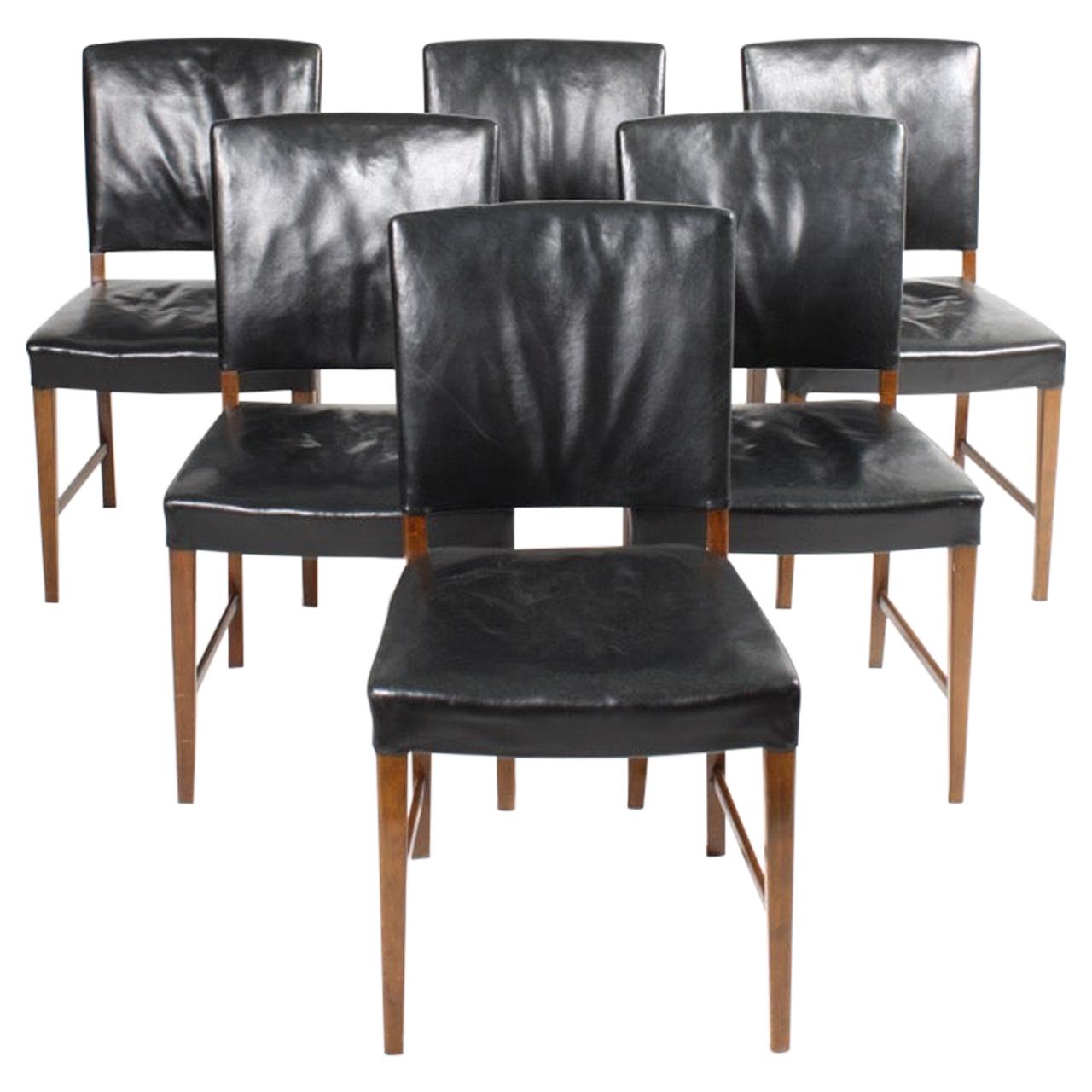 Set of Six Midcentury Side Chairs in Patinated Leather, Made in Denmark
