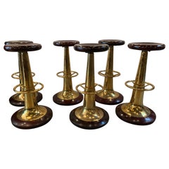 Set of Six Midcentury Solid Mahogany and Brass Nautical Bar Stools