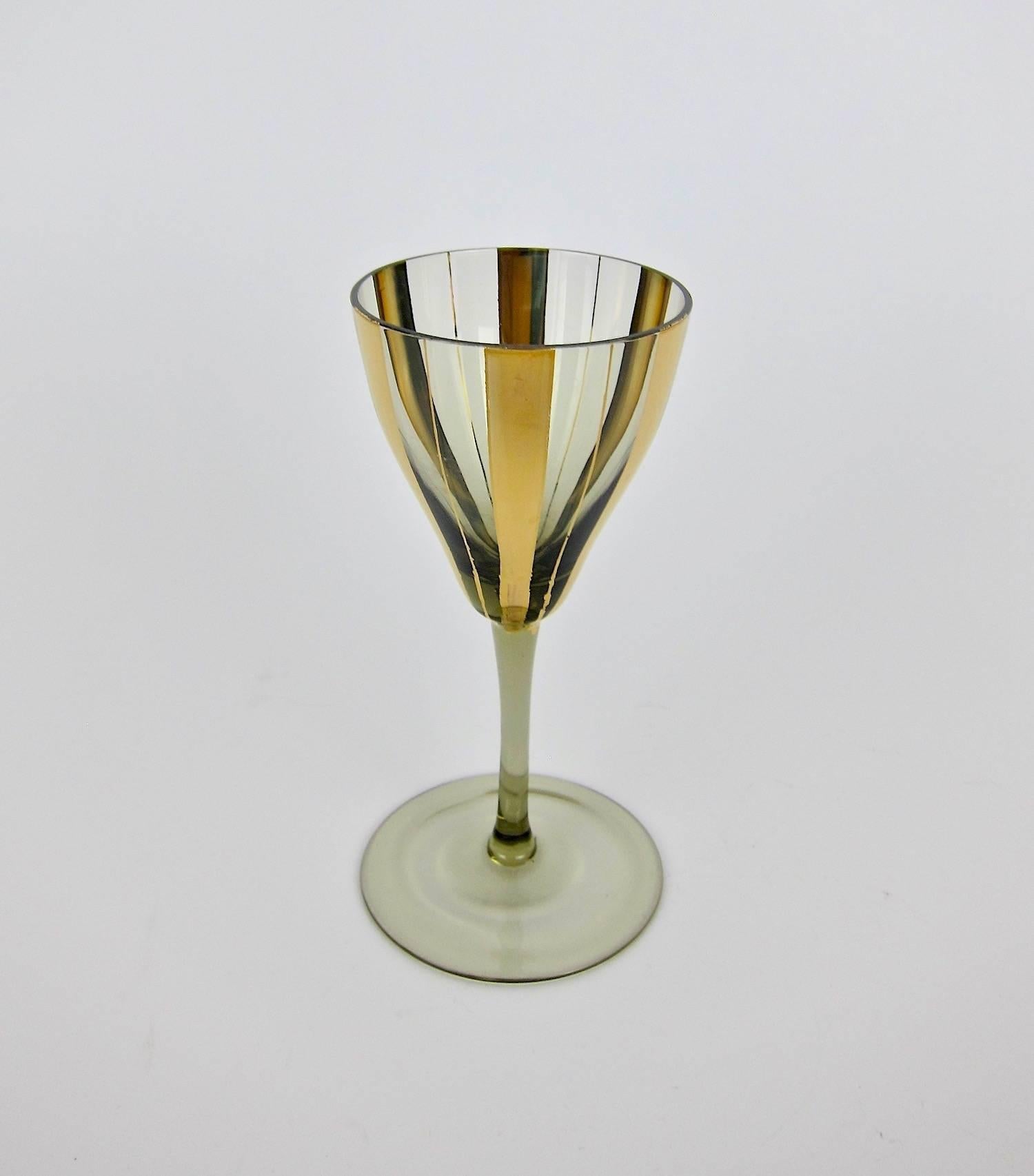 Set of Six Midcentury Wine Glass Stems with Gold Stripes 4