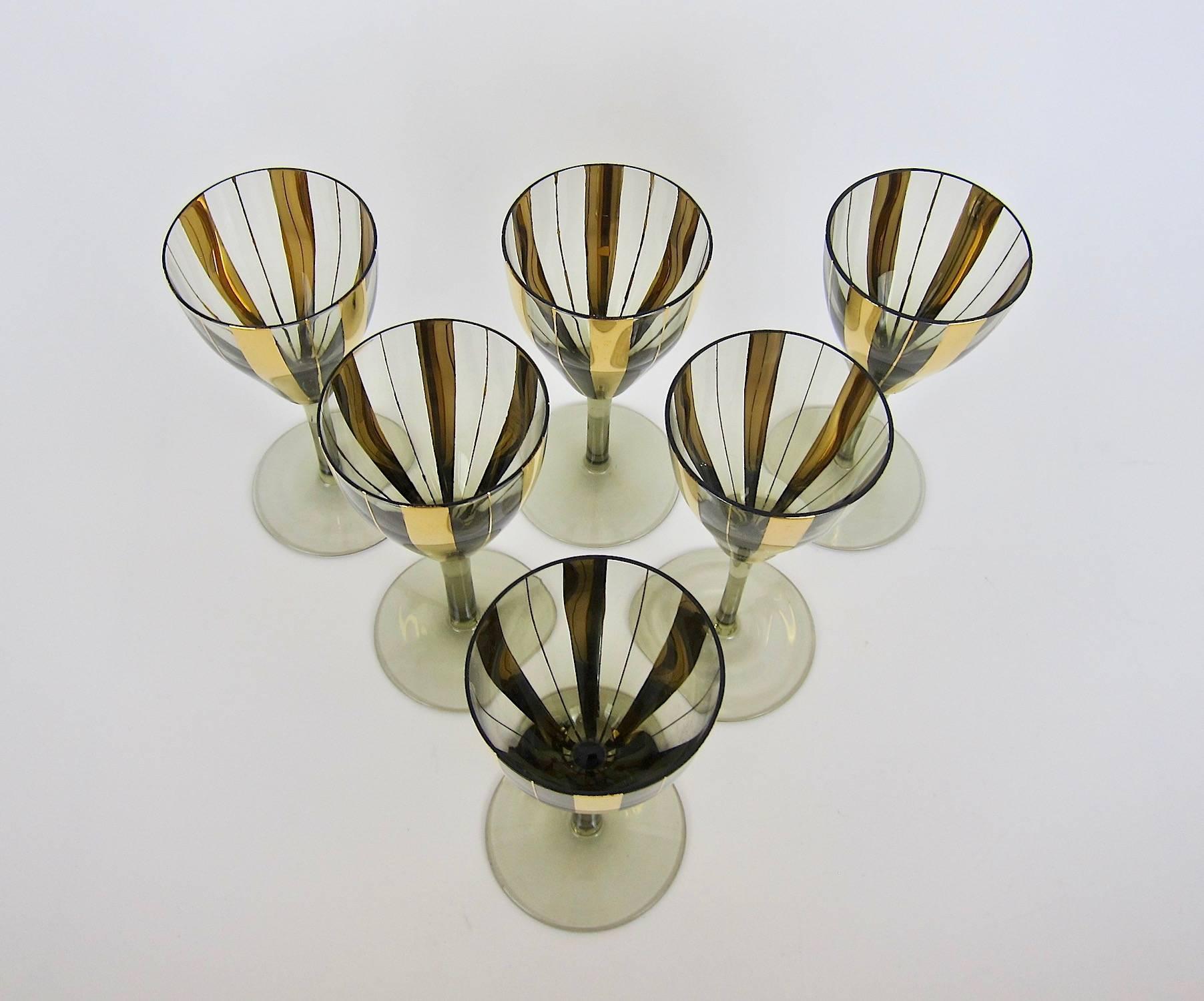 Set of Six Midcentury Wine Glass Stems with Gold Stripes 7