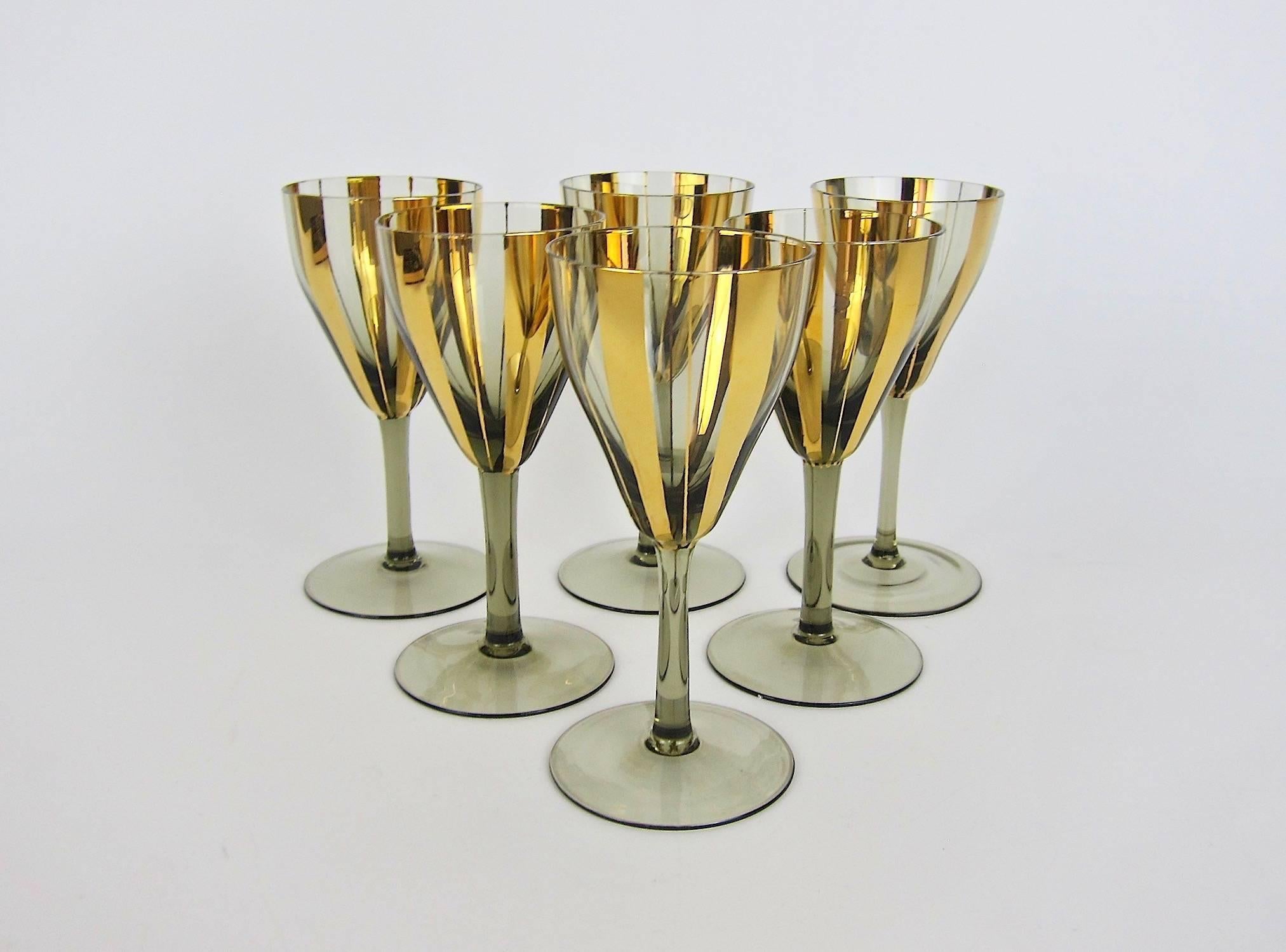 Mid-Century Modern Set of Six Midcentury Wine Glass Stems with Gold Stripes